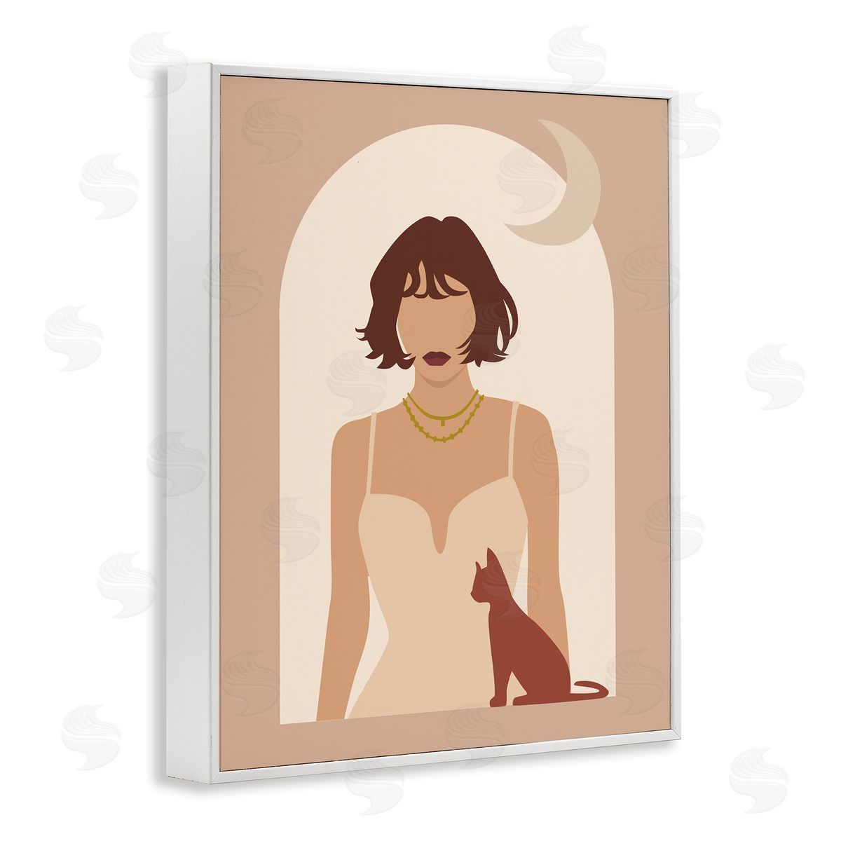 Birch & Ink Woman & Cat Arch Shape Cutout Moon White Framed Giclee Wall Art Print