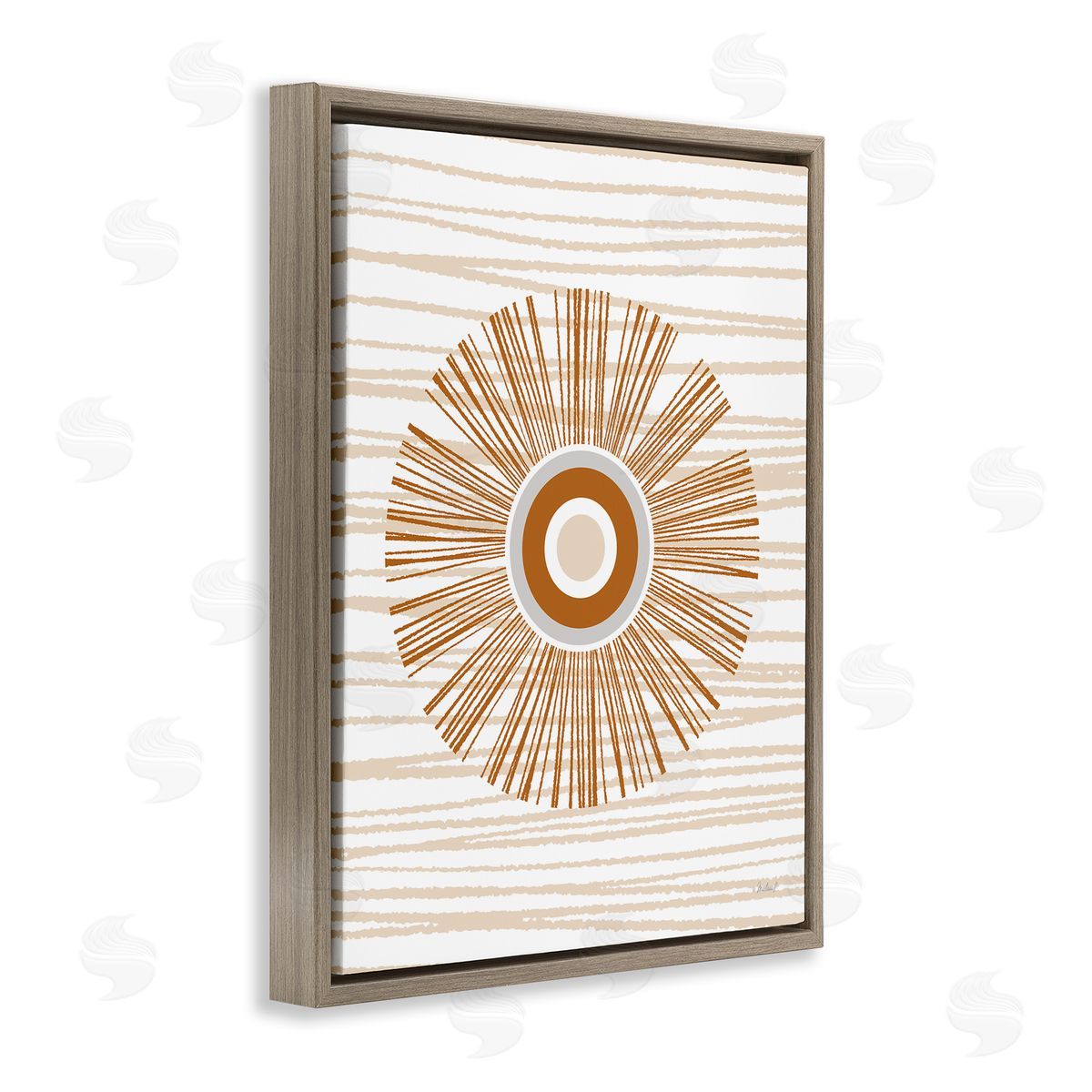 Martina Pavlova Earthy Circular Abstract Sun Pattern Wavy Stripes Brown Floating Frame Canvas Wall Art Print