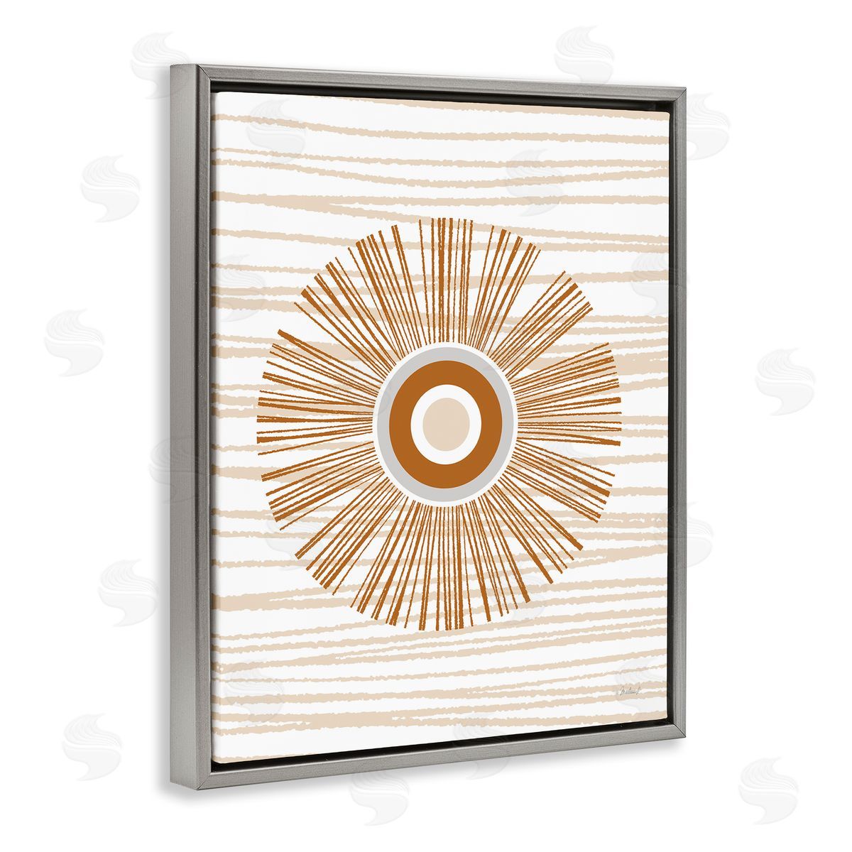 Martina Pavlova Earthy Circular Abstract Sun Pattern Wavy Stripes Gray Floating Frame Canvas Wall Art Print