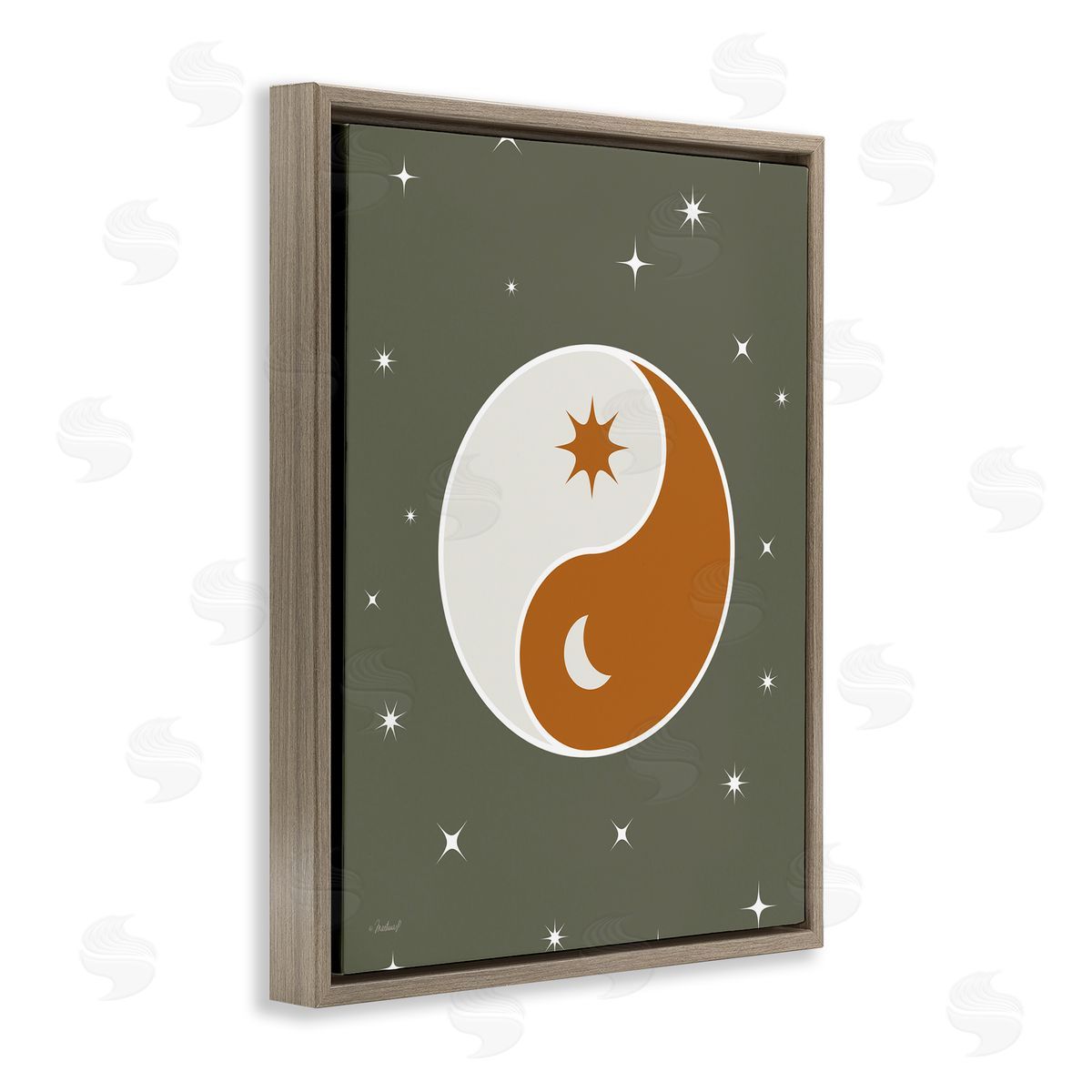 Martina Pavlova Starry Yin Yang Symbol Celestial Sun Moon Shapes Brown Floating Frame Canvas Wall Art Print