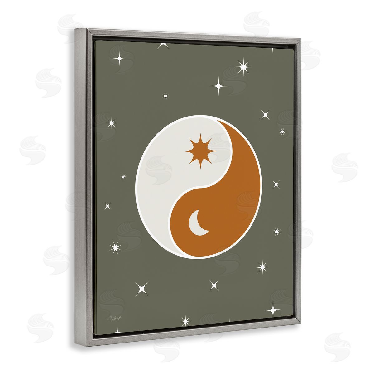Martina Pavlova Starry Yin Yang Symbol Celestial Sun Moon Shapes Gray Floating Frame Canvas Wall Art Print