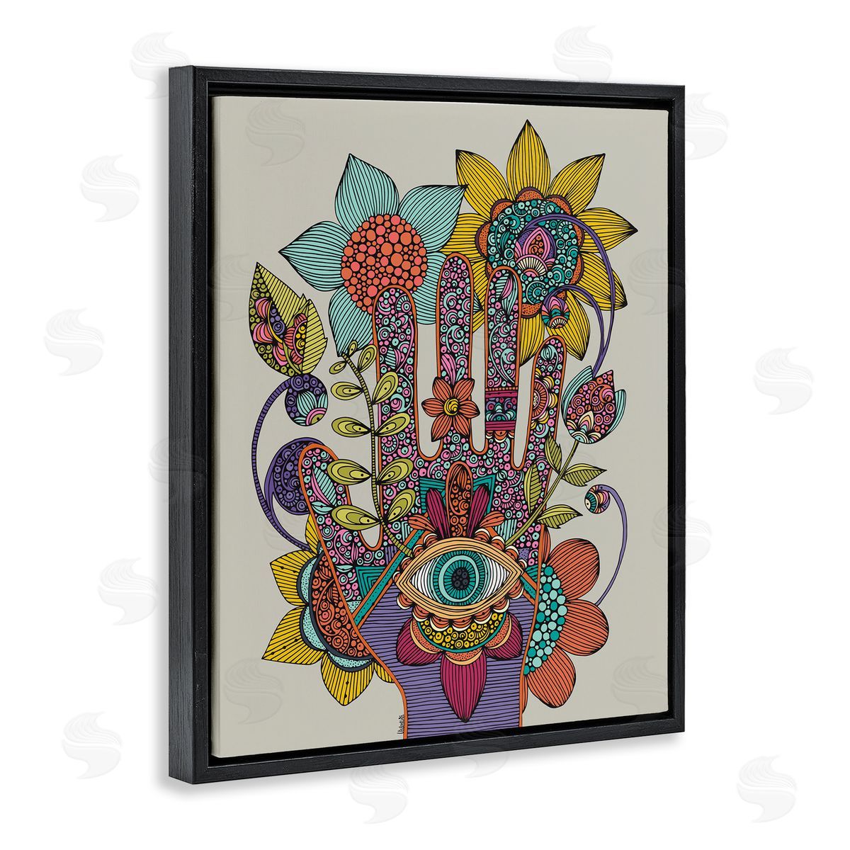 Valentina Harper Intricate Paisley Patterns Floral Hand Eye Shape Black Floating Frame Canvas Wall Art Print