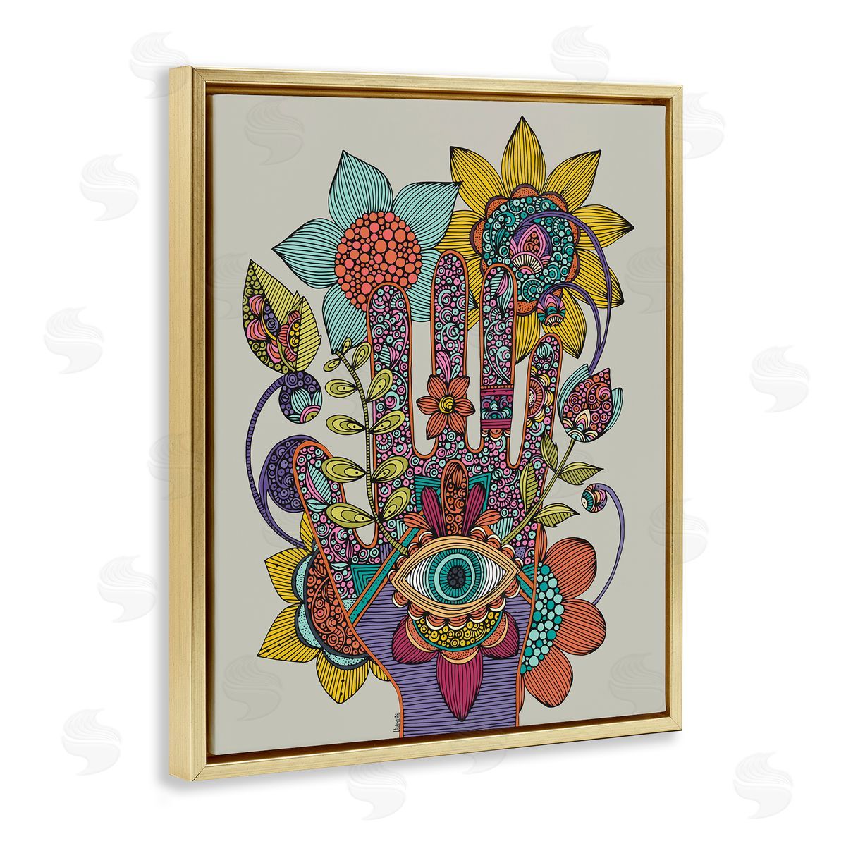 Valentina Harper Intricate Paisley Patterns Floral Hand Eye Shape Gold Floating Frame Canvas Wall Art Print