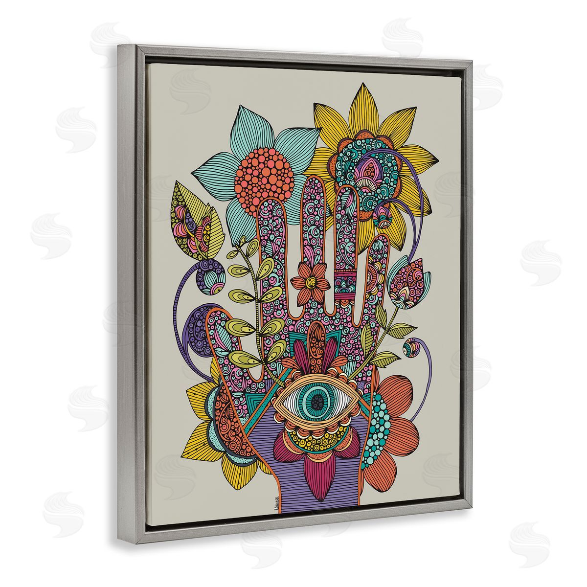 Valentina Harper Intricate Paisley Patterns Floral Hand Eye Shape Gray Floating Frame Canvas Wall Art Print