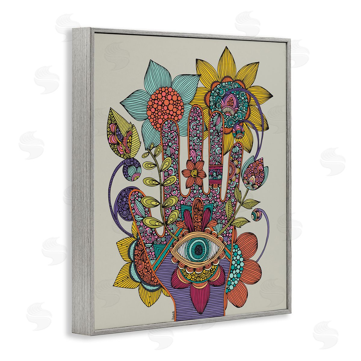Valentina Harper Intricate Paisley Patterns Floral Hand Eye Shape Gray Framed Giclee Wall Art Print