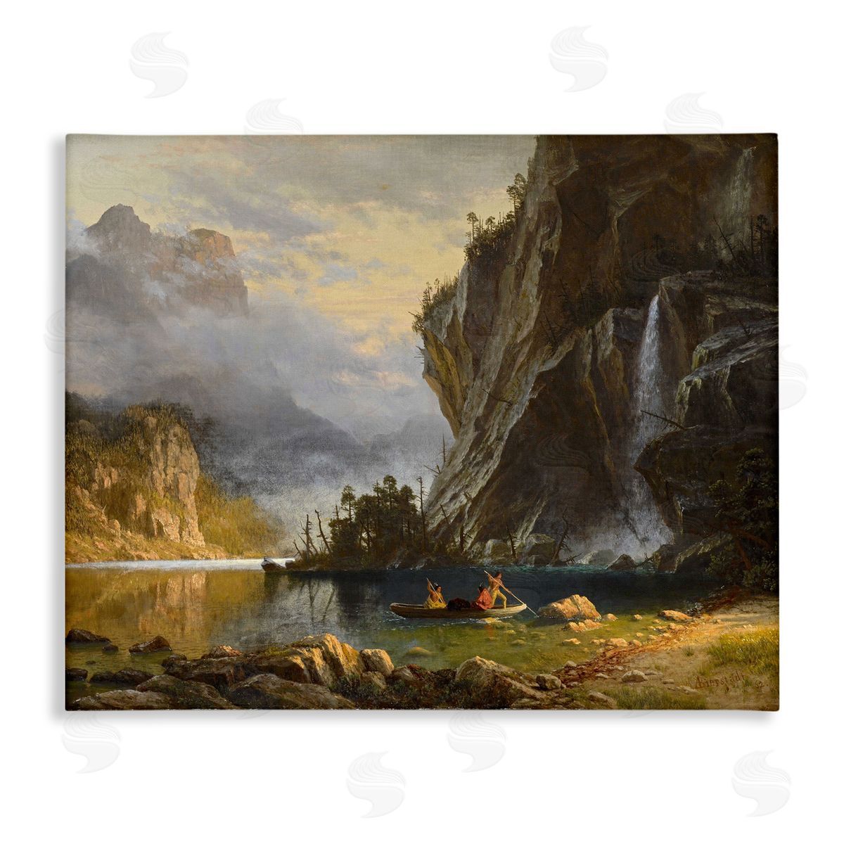 one1000paintings Indians Spear Fishing Classic Albert Bierstadt Painting Stretched Canvas Wall Art Print
