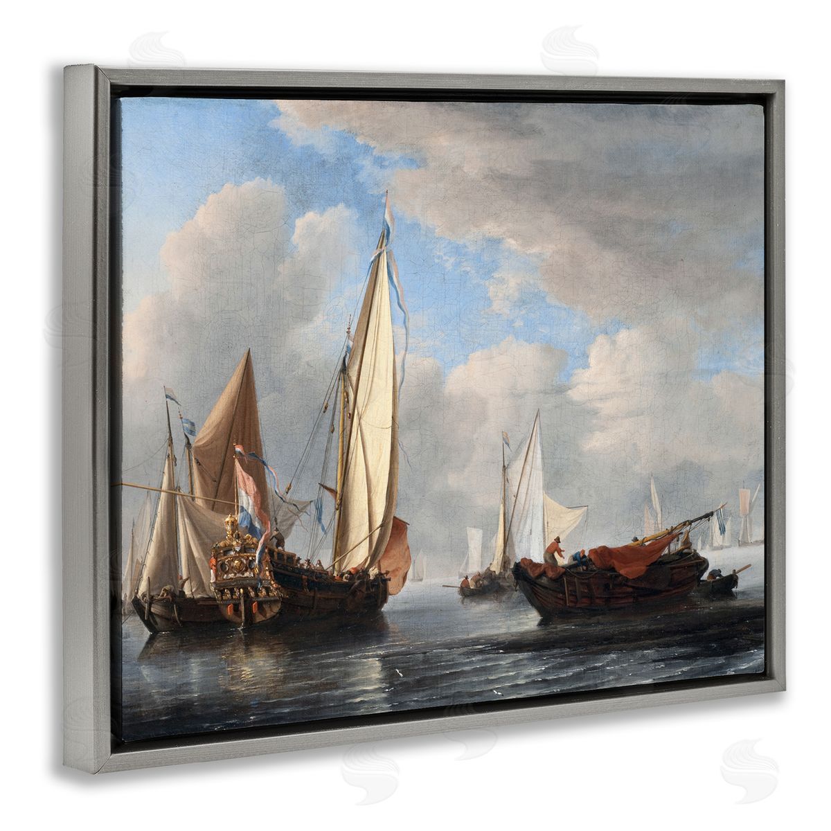 one1000paintings Yacht and Other Vessels Willem van de Velde Classic Painting Gray Floating Frame Canvas Wall Art Print