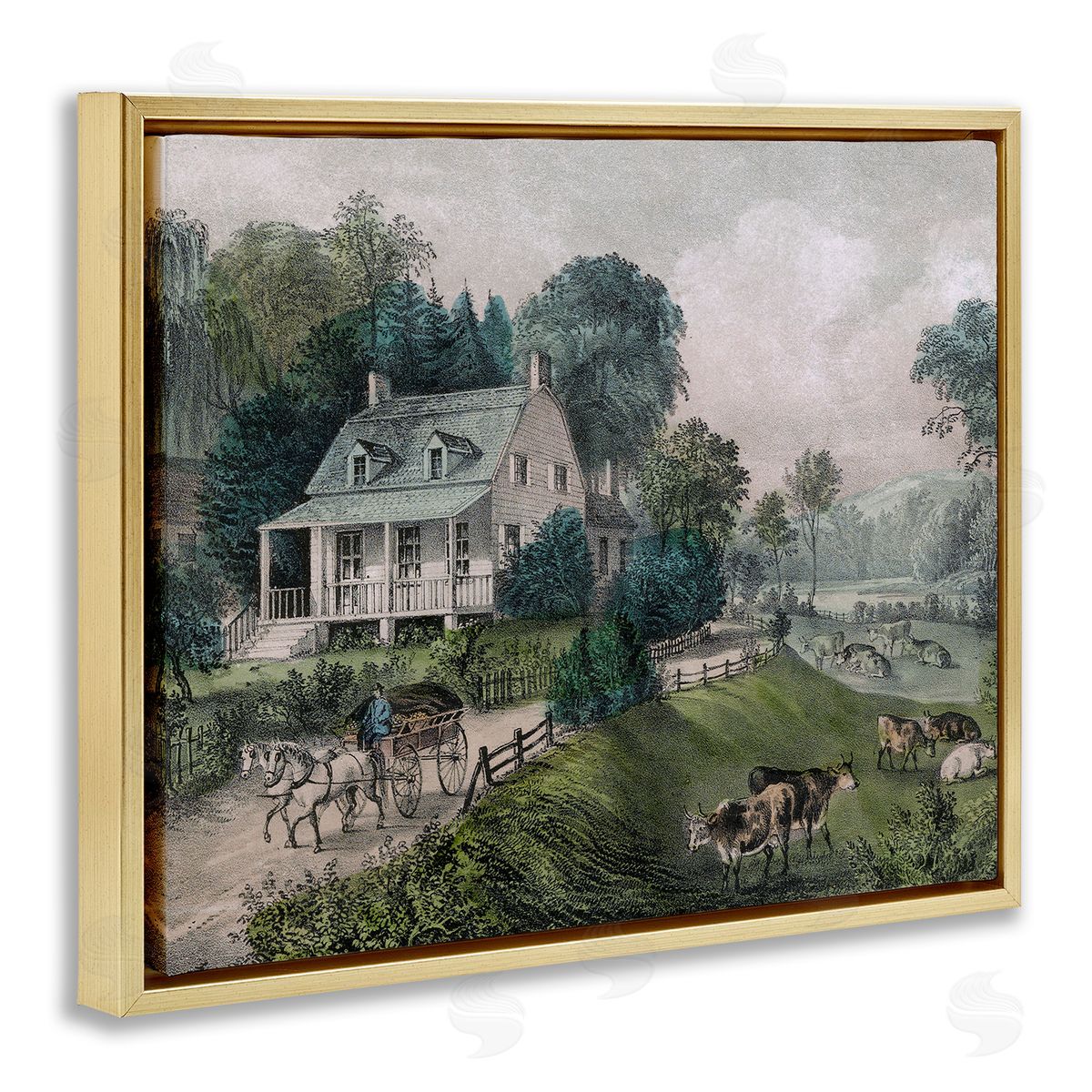 Stupell Studio Classic Countryside House Painting Roaming Farms  Gold Floating Frame Canvas Wall Art Print