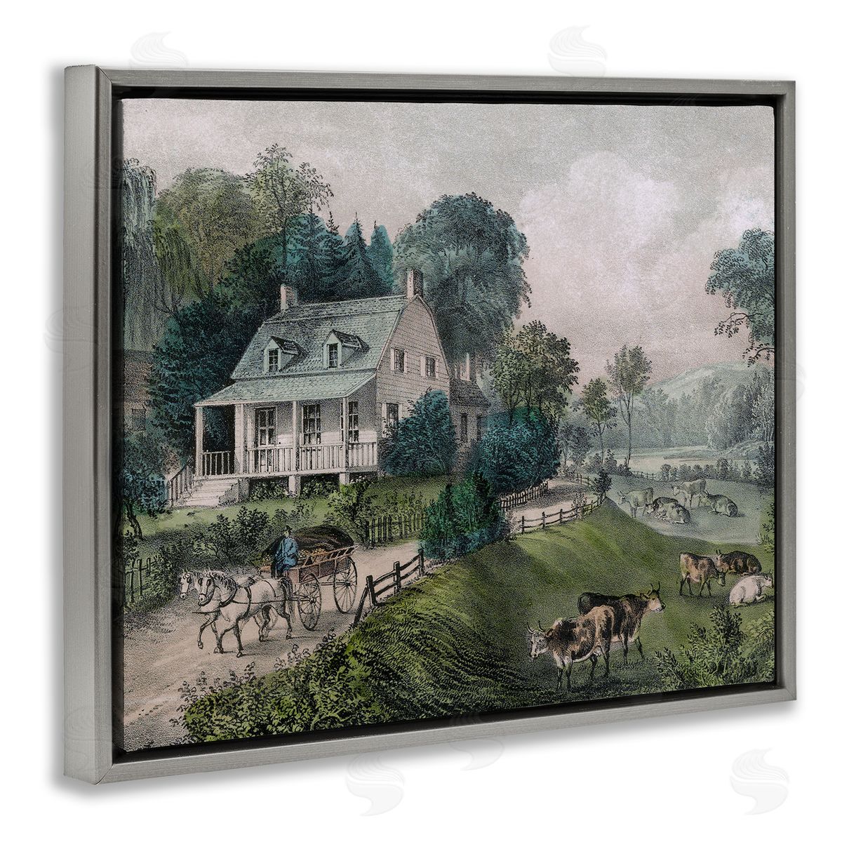Stupell Studio Classic Countryside House Painting Roaming Farms  Gray Floating Frame Canvas Wall Art Print