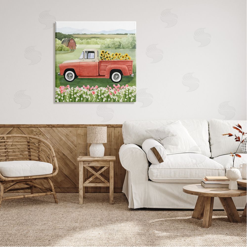 Grace Popp Country Farm Truck Sunflower Bunches Blooming Meadow Canvas Wall Art in Room