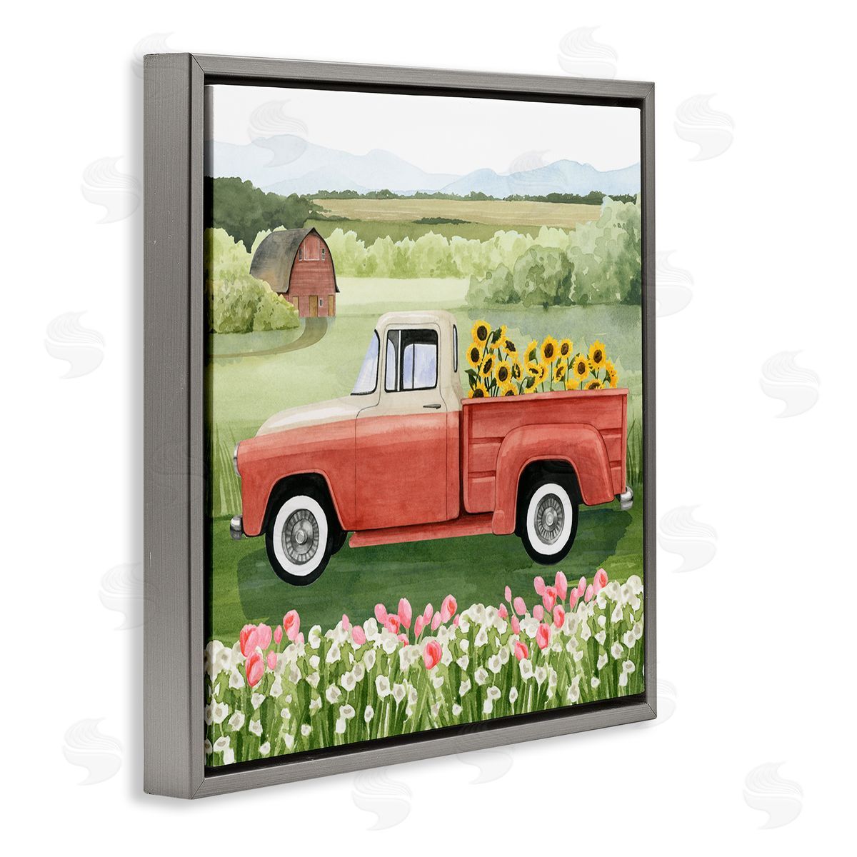 Grace Popp Country Farm Truck Sunflower Bunches Blooming Meadow Gray Floating Frame Canvas Wall Art Print