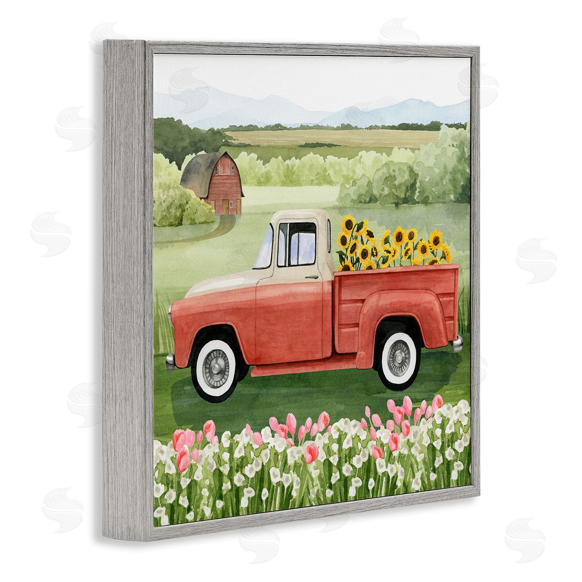 Grace Popp Country Farm Truck Sunflower Bunches Blooming Meadow Gray Framed Glicee Wall Art Print