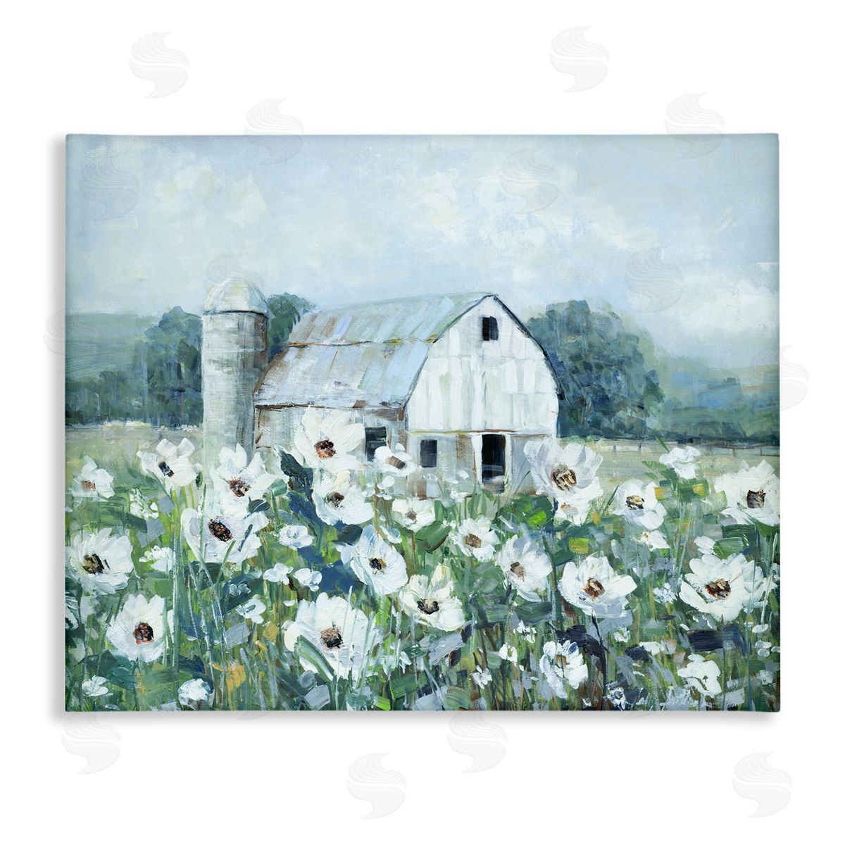 Sally Swatland Rural Anemone Flower Meadow White Farmland Barn Stretched Canvas Wall Art Print