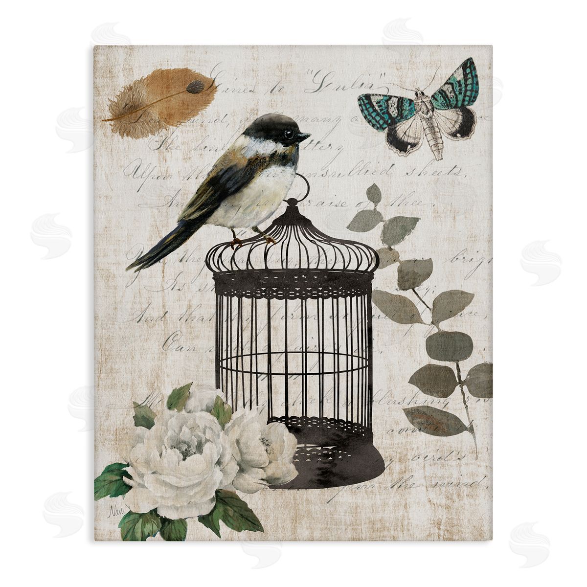 Nan Vintage Bird Cage Butterfly Floral Script Words  Stretched Canvas Wall Art Print