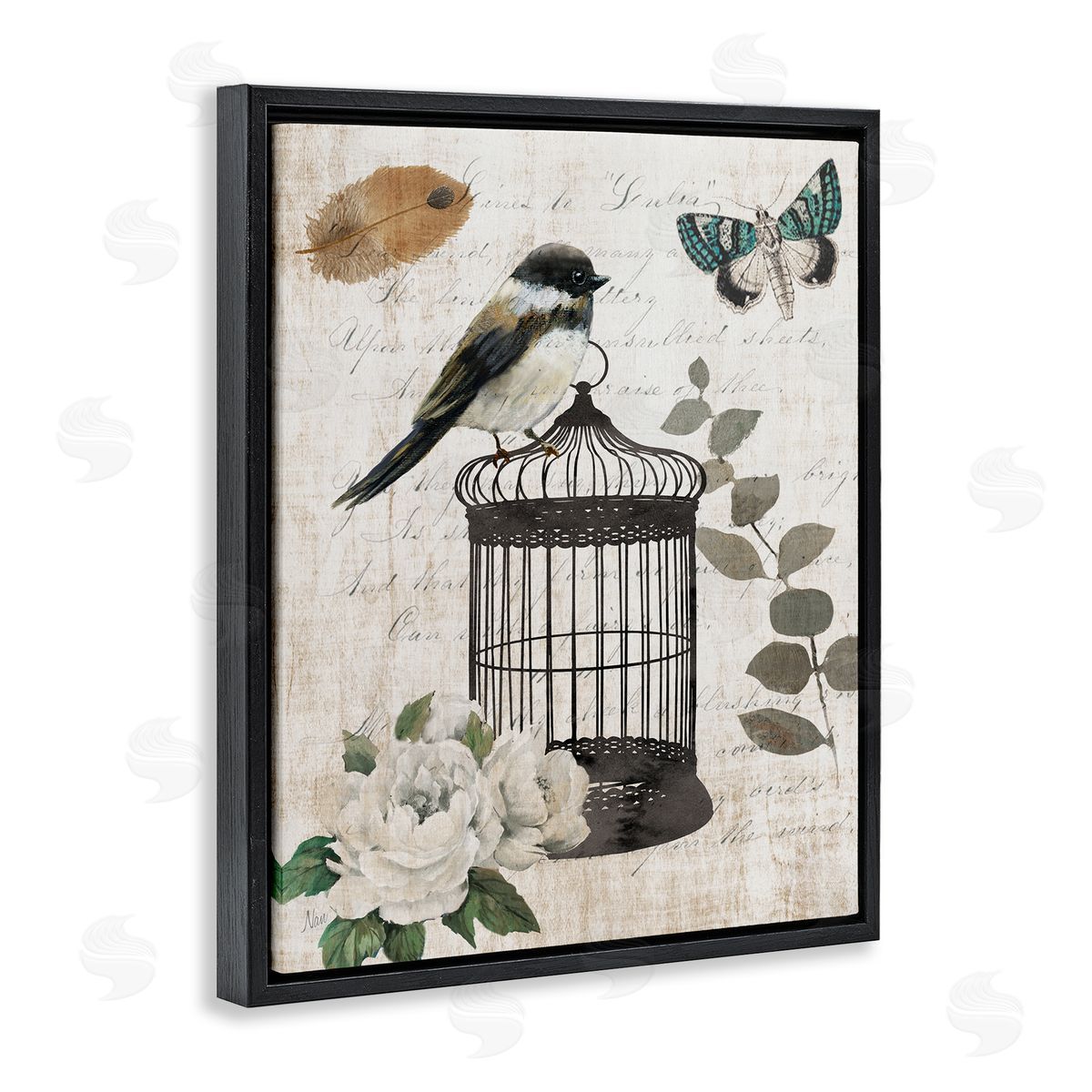Nan Vintage Bird Cage Butterfly Floral Script Words  Black Floating Frame Canvas Wall Art Print