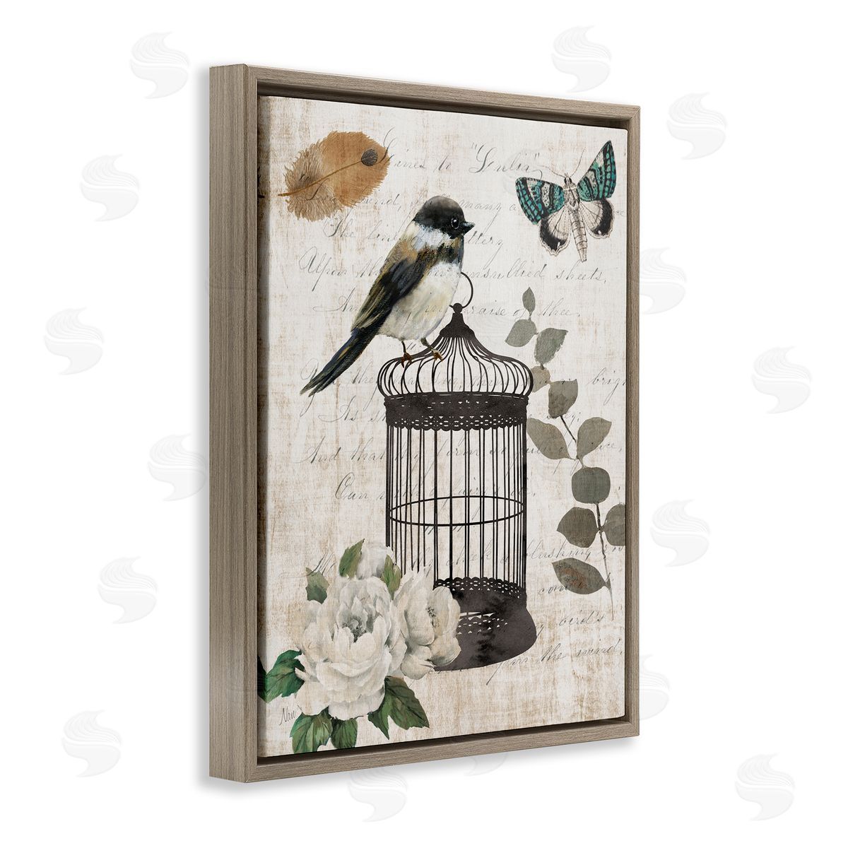 Nan Vintage Bird Cage Butterfly Floral Script Words  Brown Floating Frame Canvas Wall Art Print