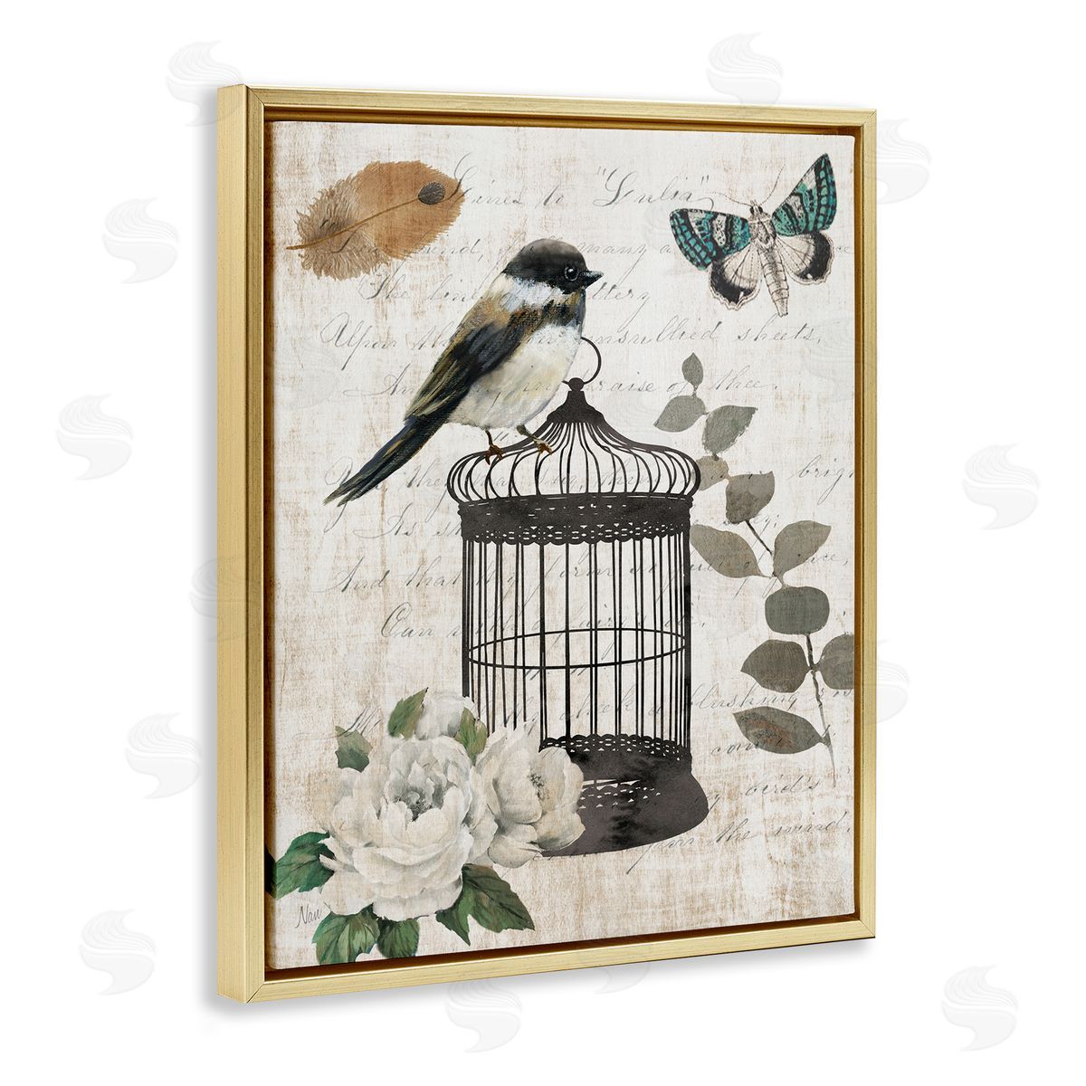 Nan Vintage Bird Cage Butterfly Floral Script Words  Gold Floating Frame Canvas Wall Art Print