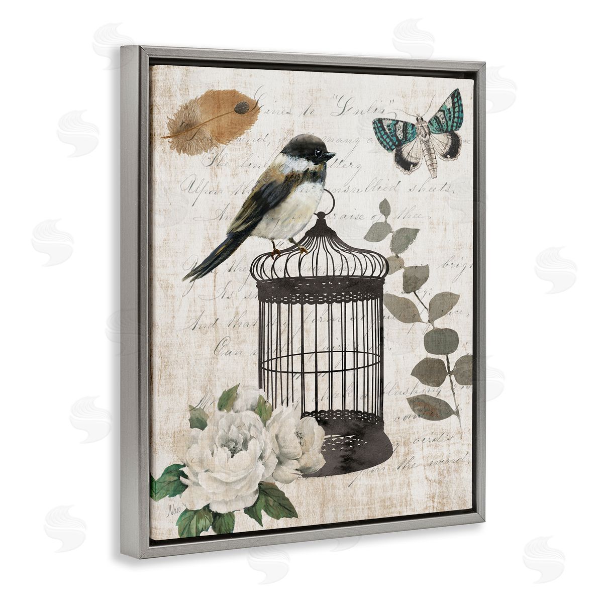 Nan Vintage Bird Cage Butterfly Floral Script Words  Gray Floating Frame Canvas Wall Art Print