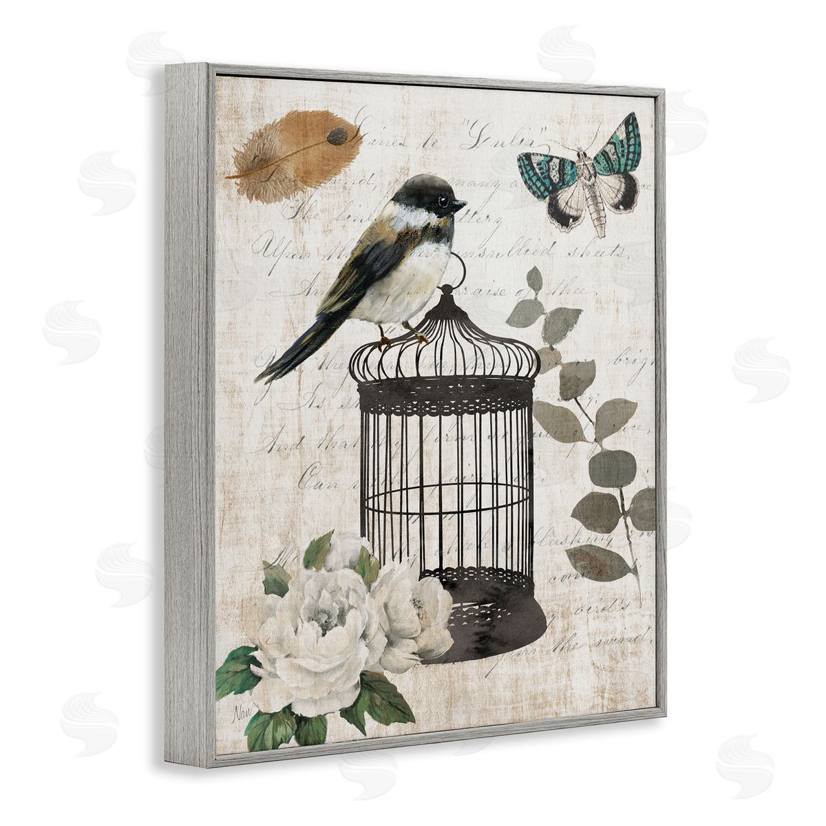 Nan Vintage Bird Cage Butterfly Floral Script Words  Gray Framed Giclee Wall Art Print