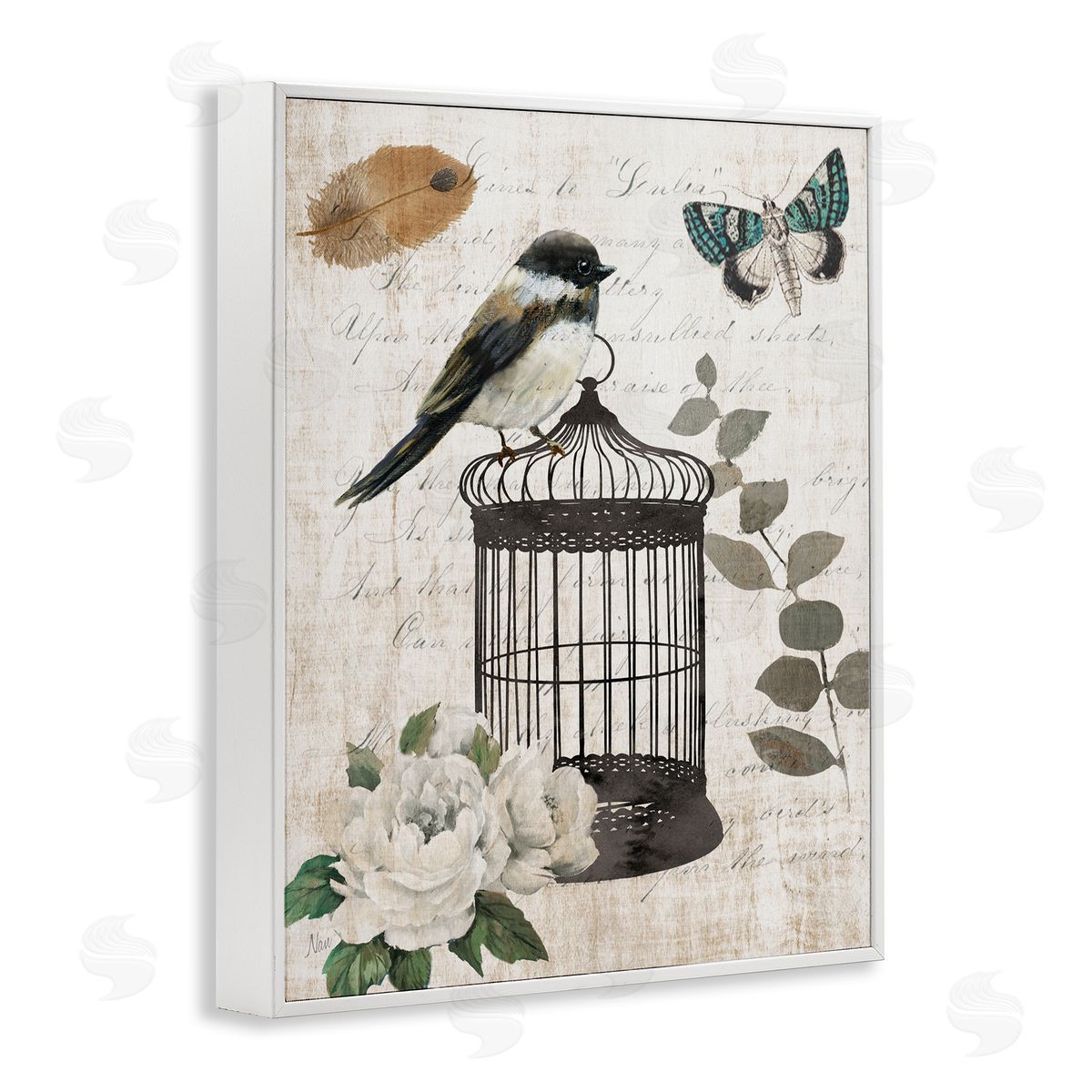 Nan Vintage Bird Cage Butterfly Floral Script Words  White Framed Giclee Wall Art Print