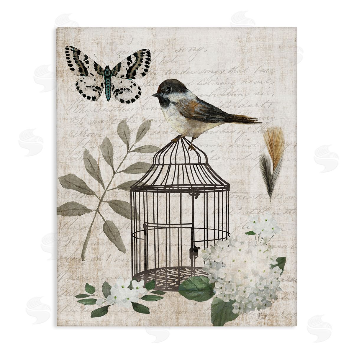 Nan Botanical Bird Cage Vintage Words Butterfly Stretched Canvas Wall Art Print