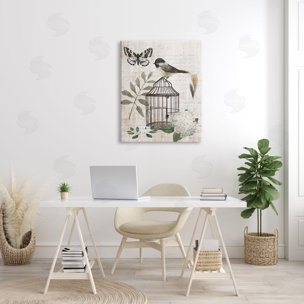 Nan Botanical Bird Cage Vintage Words Butterfly Canvas Wall Art Print in Room