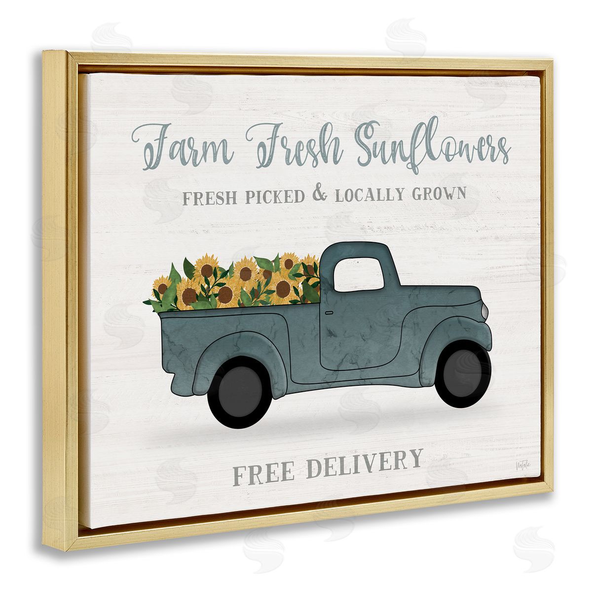 Natalie Carpentieri Farm Fresh Sunflowers Rustic Pickup Truck Sign Gold Floating Frame Canvas Wall Art Print