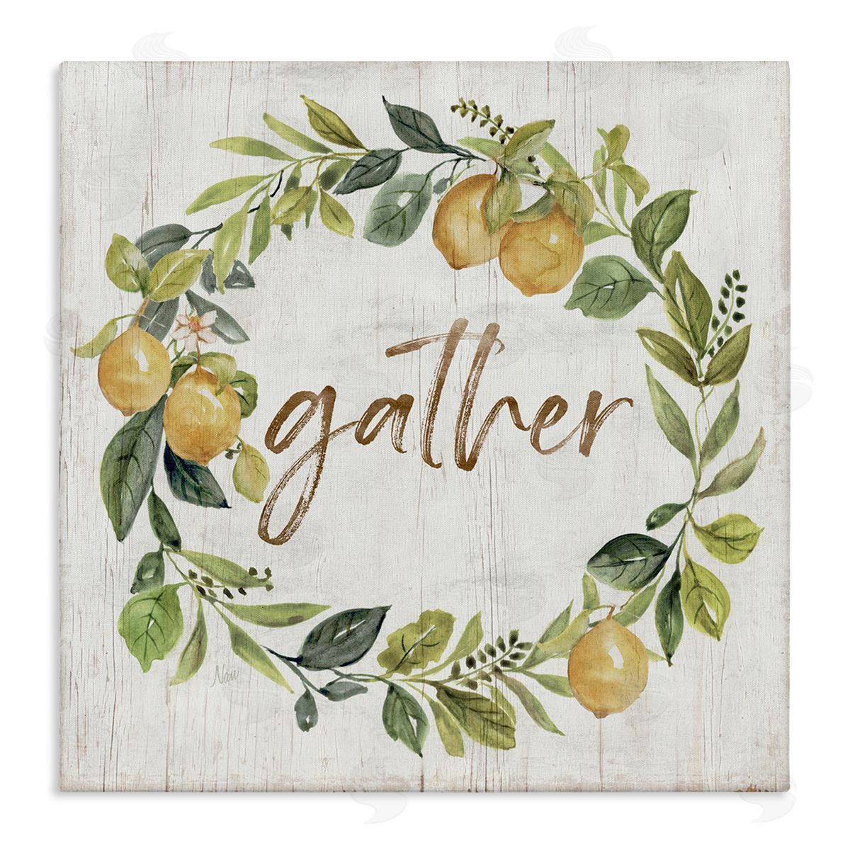Nan Gather Circular Lemon Wreath Weathered Botanical Leaves Stretched Canvas Wall Art Print