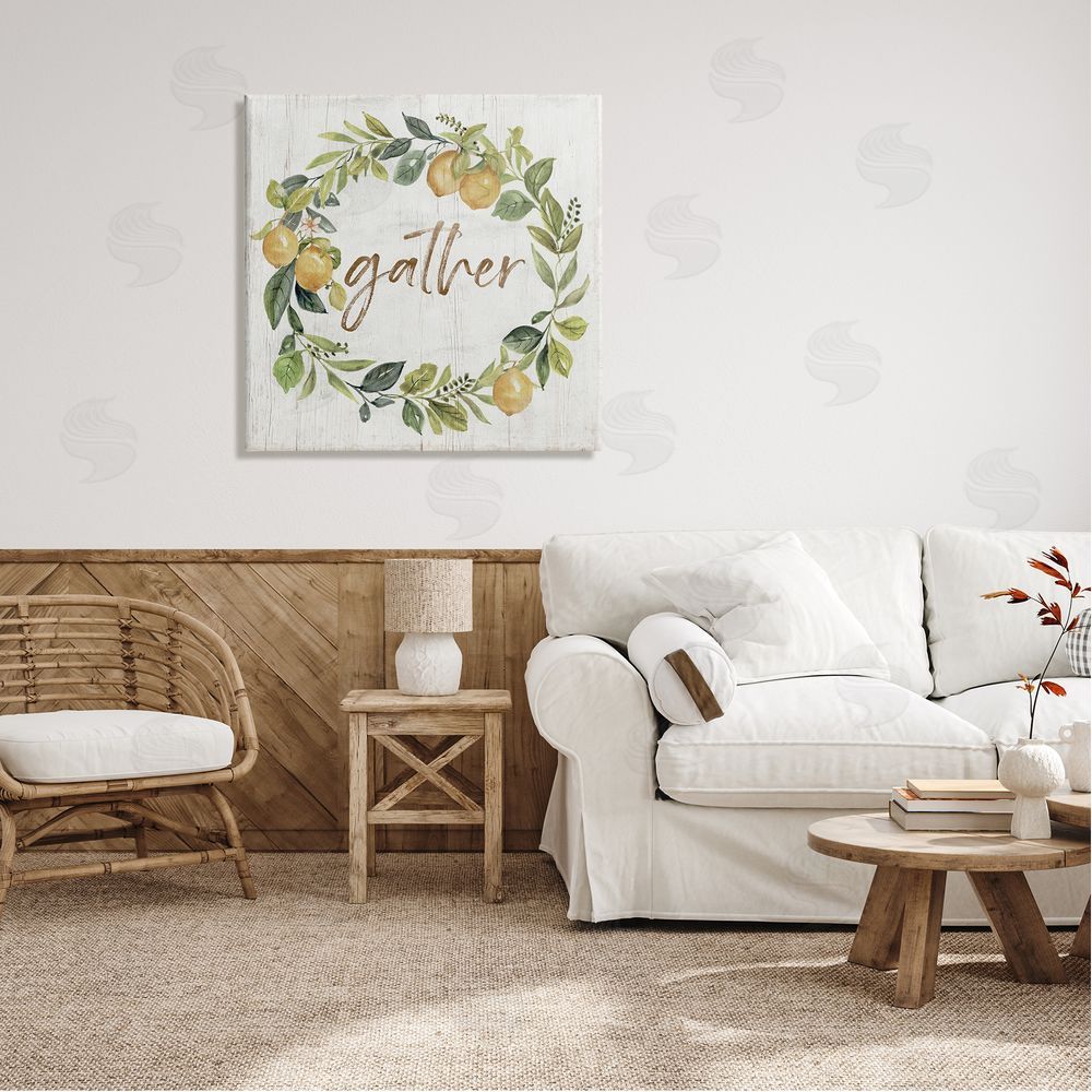 Nan Gather Circular Lemon Wreath Weathered Botanical Leaves Canvas Wall Art in Room