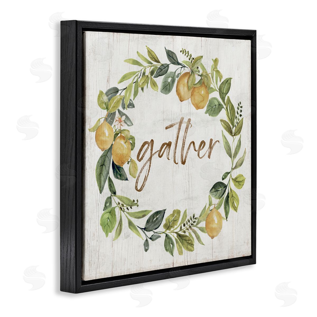 Nan Gather Circular Lemon Wreath Weathered Botanical Leaves Black Floating Frame Canvas Wall Art Print