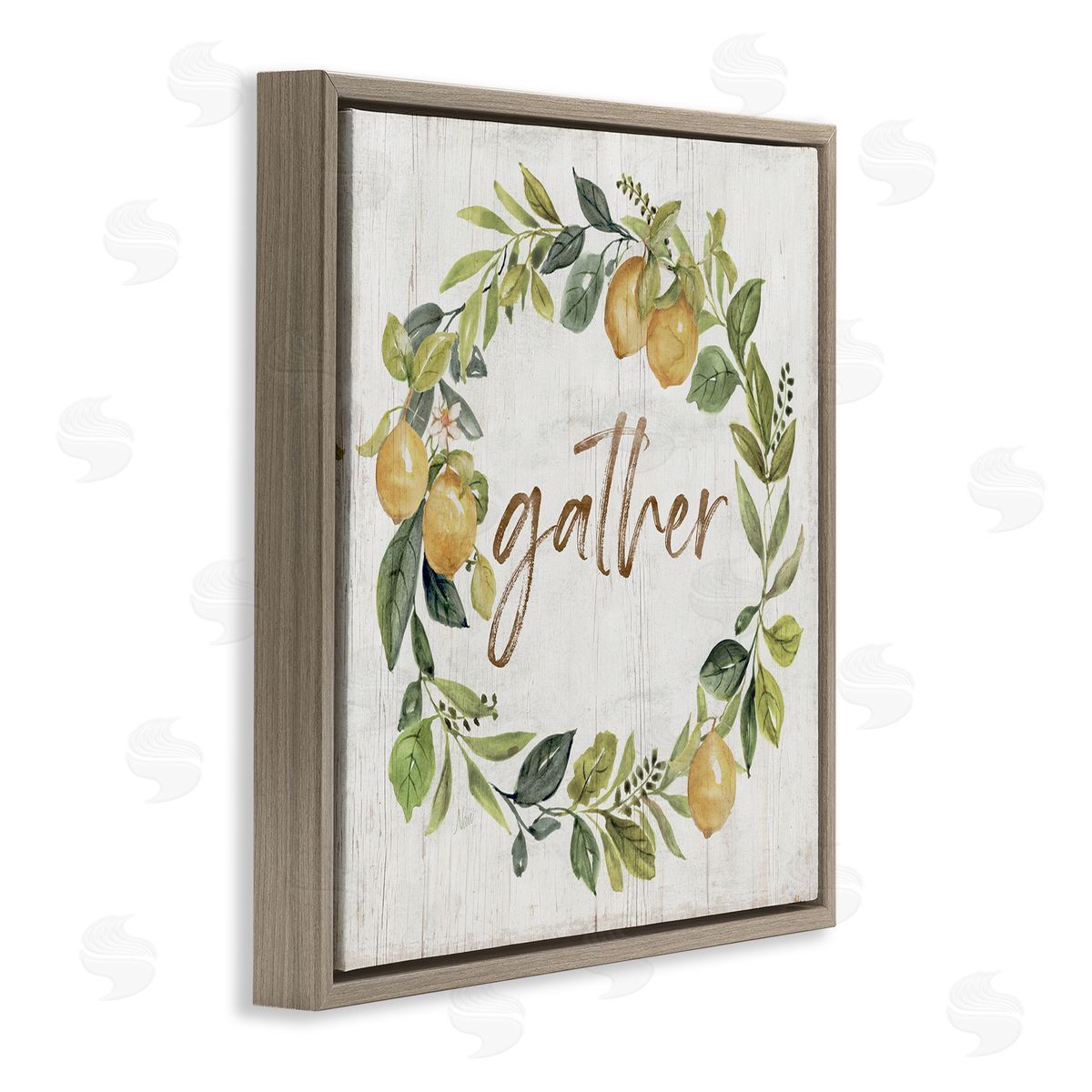 Nan Gather Circular Lemon Wreath Weathered Botanical Leaves Brown Floating Frame Canvas Wall Art Print
