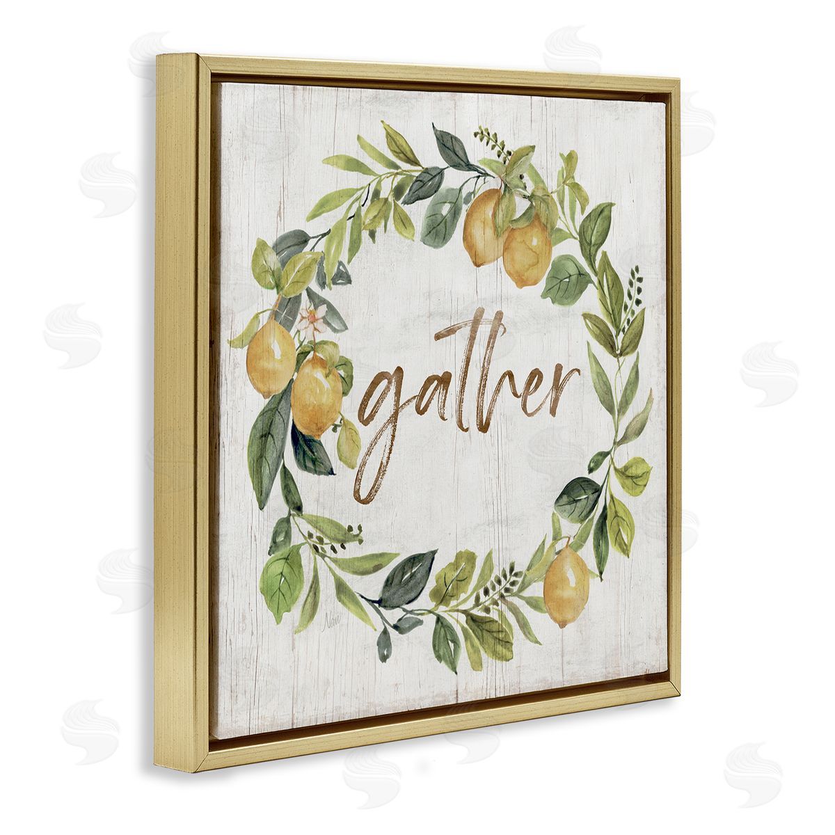 Nan Gather Circular Lemon Wreath Weathered Botanical Leaves Gold Floating Frame Canvas Wall Art Print