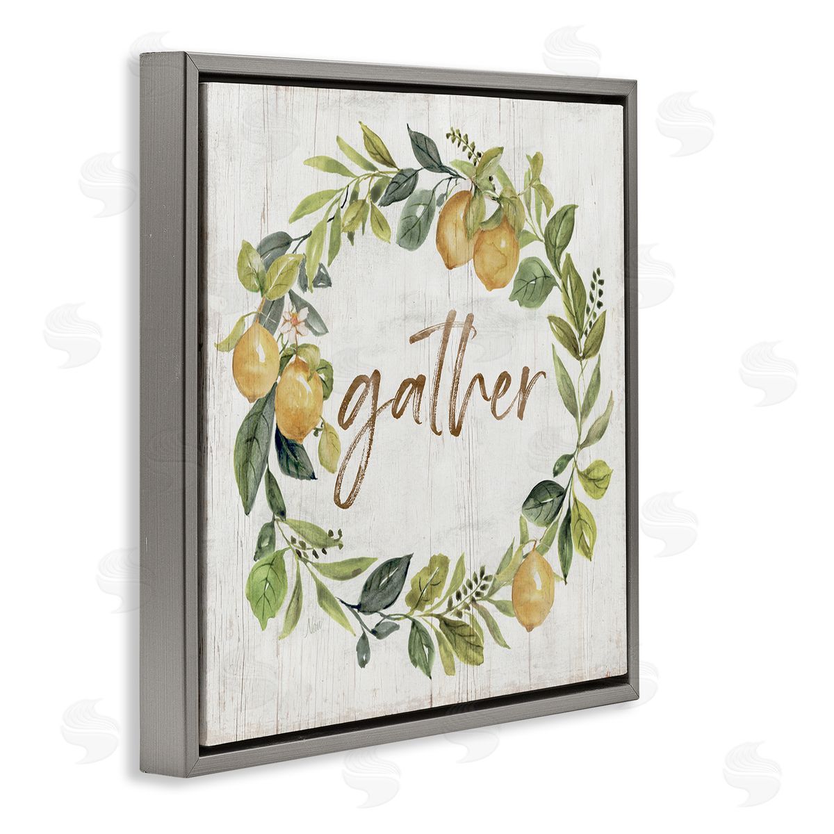 Nan Gather Circular Lemon Wreath Weathered Botanical Leaves Gray Floating Frame Canvas Wall Art Print