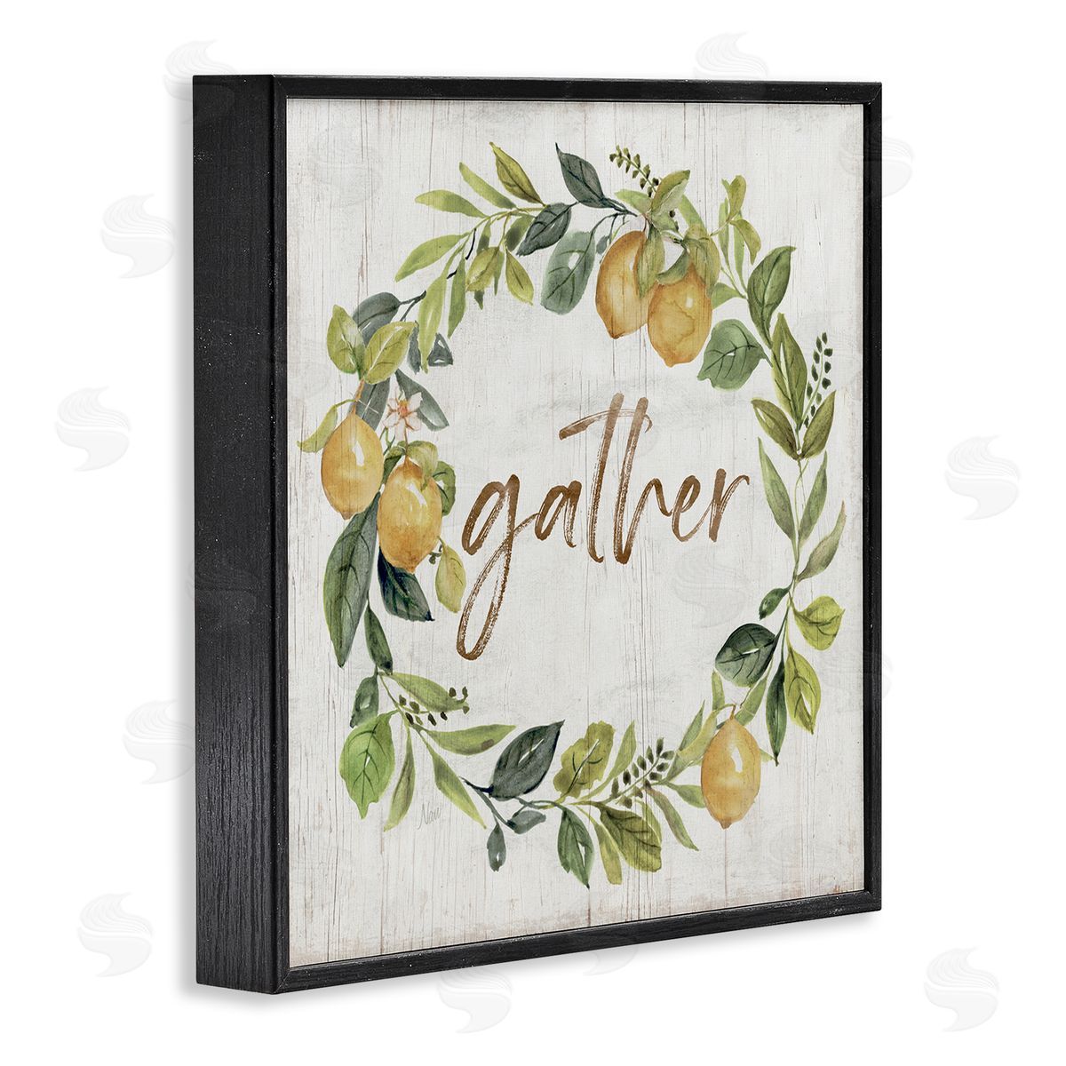 Nan Gather Circular Lemon Wreath Weathered Botanical Leaves Black Framed Glicee Wall Art Print