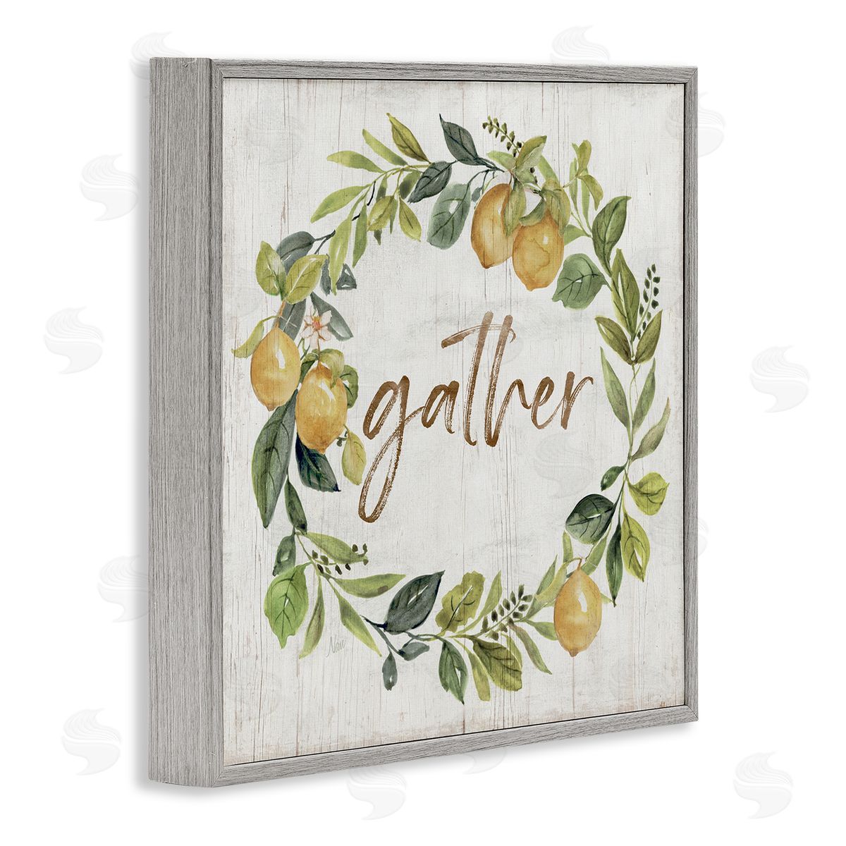 Nan Gather Circular Lemon Wreath Weathered Botanical Leaves Gray Framed Glicee Wall Art Print