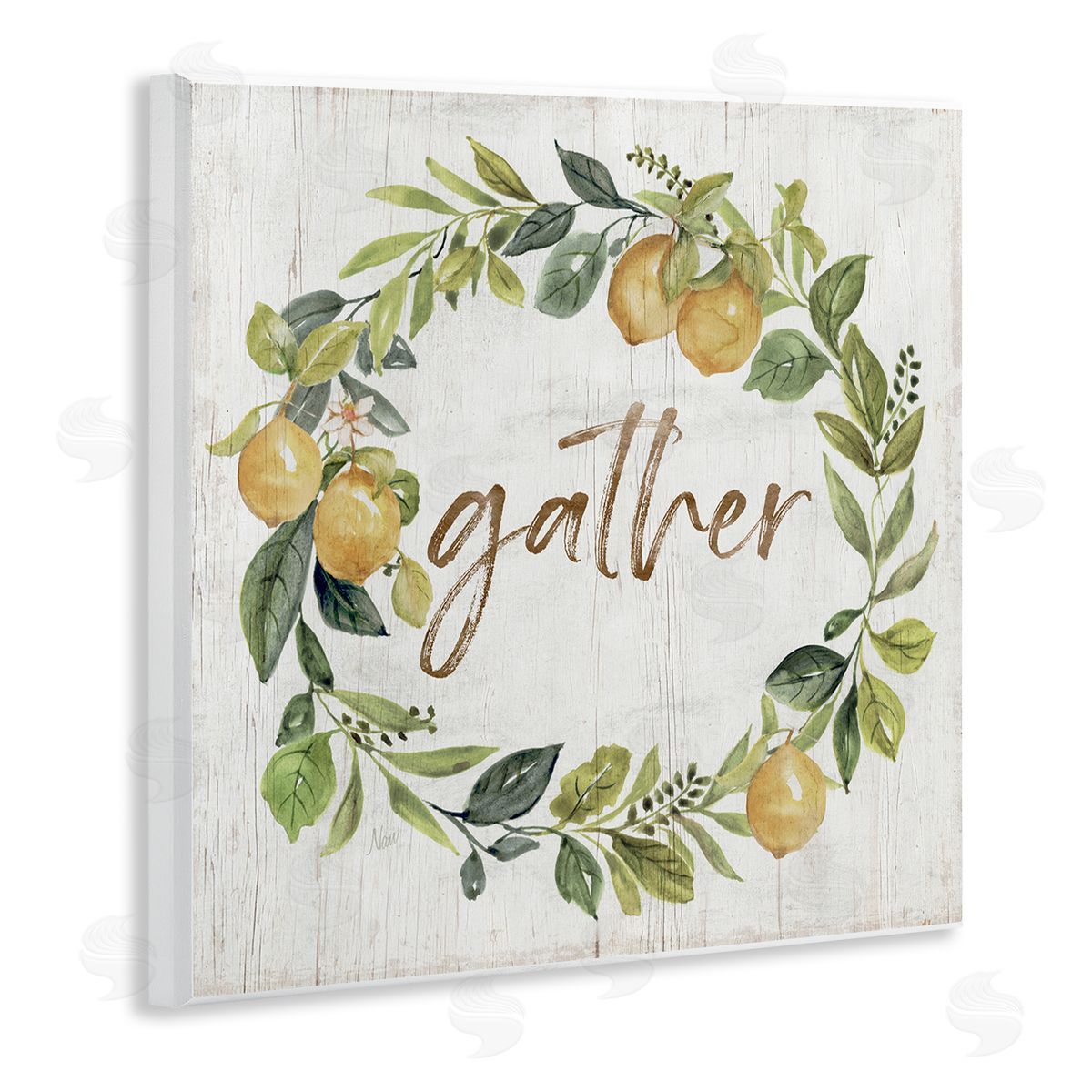 Nan Gather Circular Lemon Wreath Weathered Botanical Leaves Wooden Wall Plaque Art Print