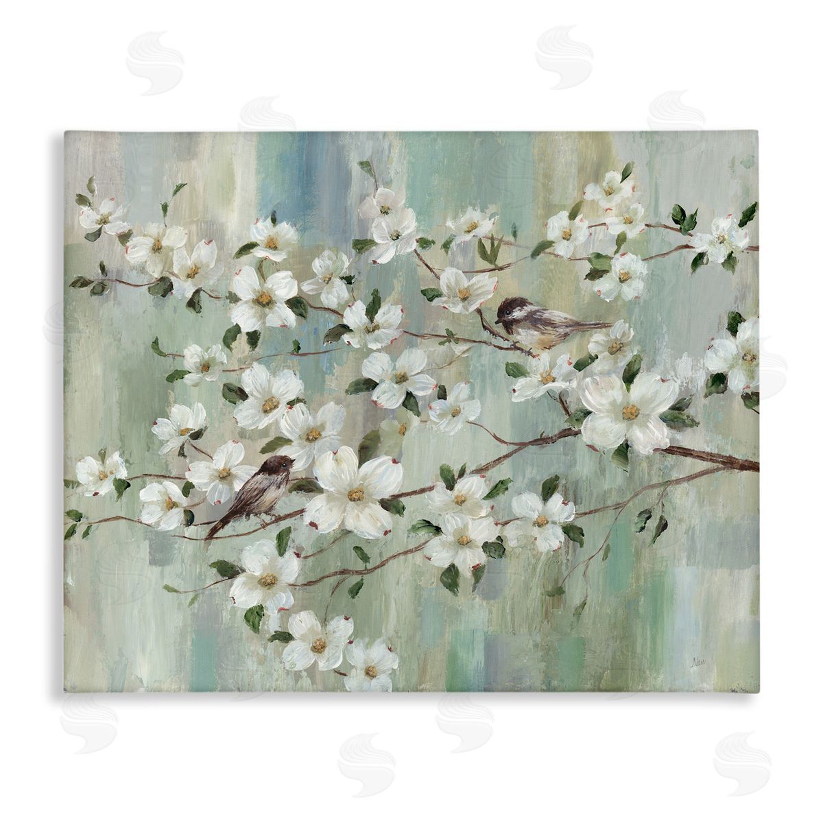 Nan Delicate Cherry Blossom Flowers Perched Birds Classic Painting Stretched Canvas Wall Art Print
