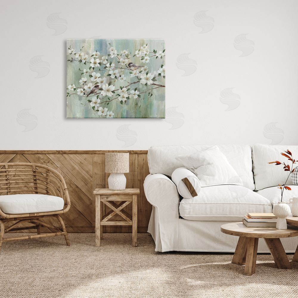Nan Delicate Cherry Blossom Flowers Perched Birds Classic Painting Canvas Wall Art Print in Room