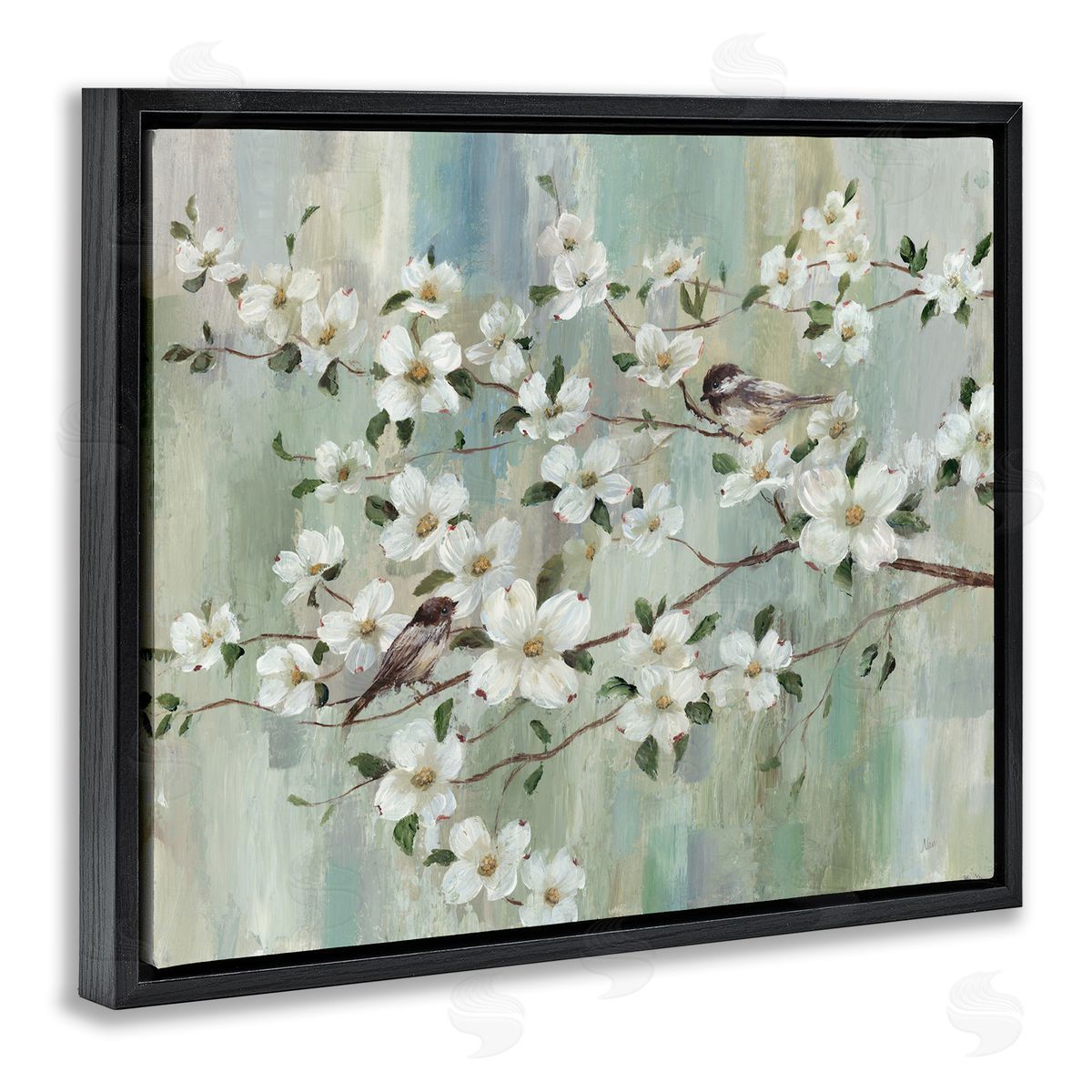 Nan Delicate Cherry Blossom Flowers Perched Birds Classic Painting Black Floating Frame Canvas Wall Art Print