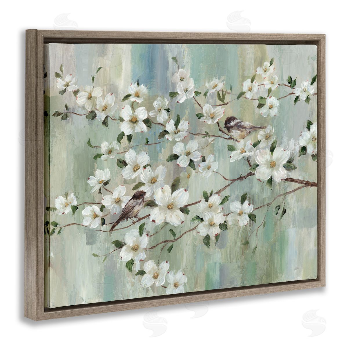 Nan Delicate Cherry Blossom Flowers Perched Birds Classic Painting Brown Floating Frame Canvas Wall Art Print