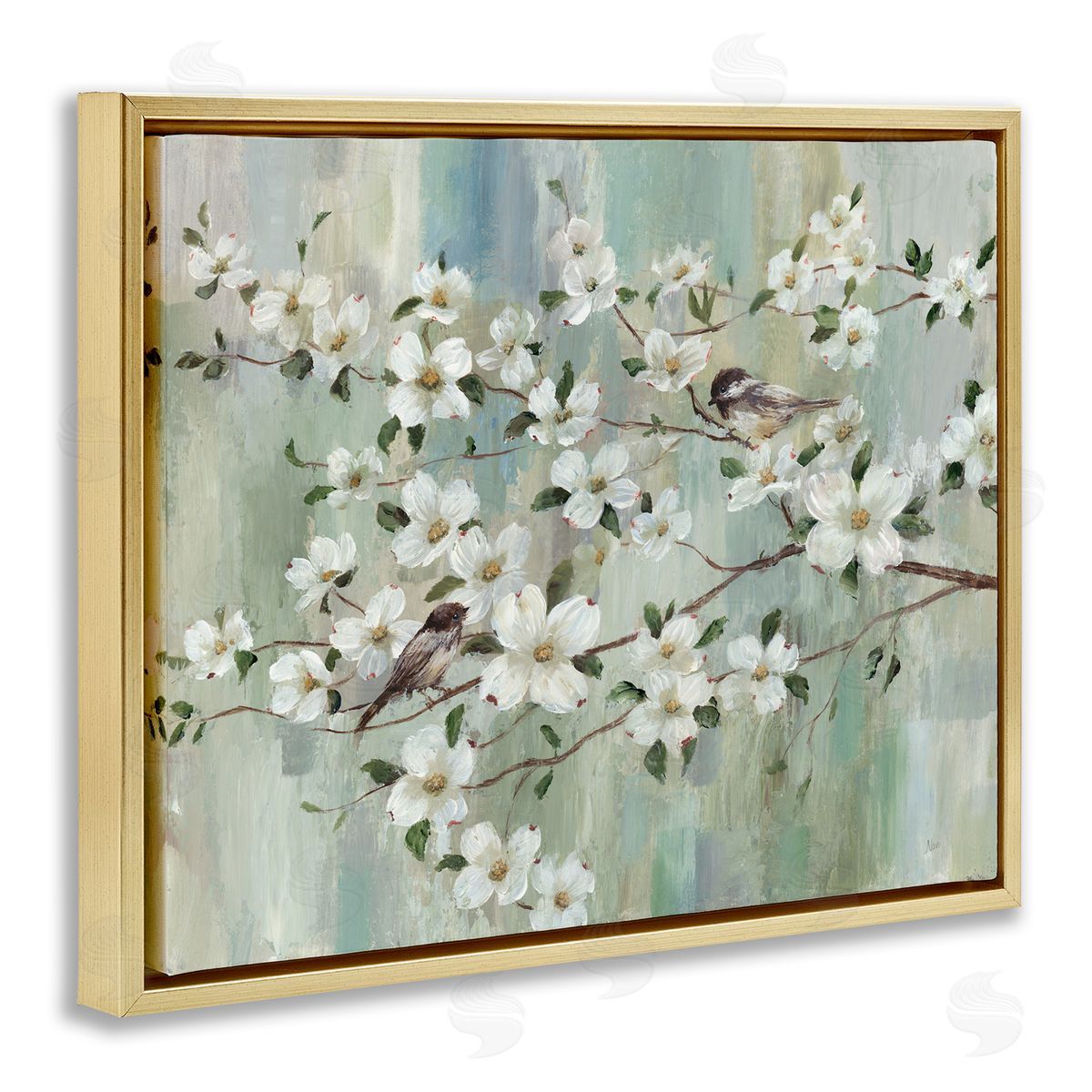 Nan Delicate Cherry Blossom Flowers Perched Birds Classic Painting Gold Floating Frame Canvas Wall Art Print