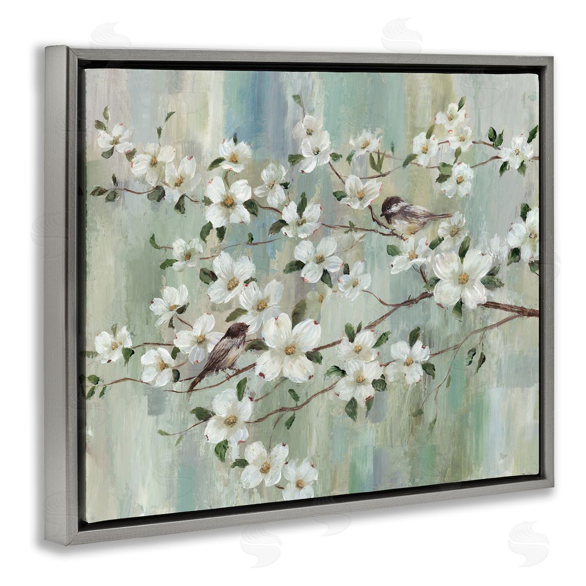 Nan Delicate Cherry Blossom Flowers Perched Birds Classic Painting Gray Floating Frame Canvas Wall Art Print