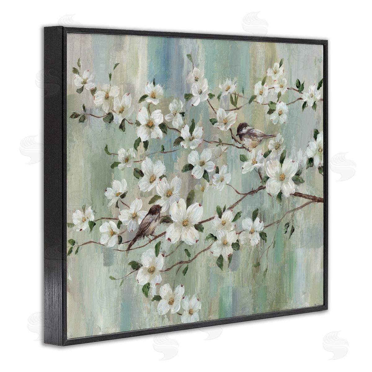 Nan Delicate Cherry Blossom Flowers Perched Birds Classic Painting Black Framed Giclee Wall Art Print