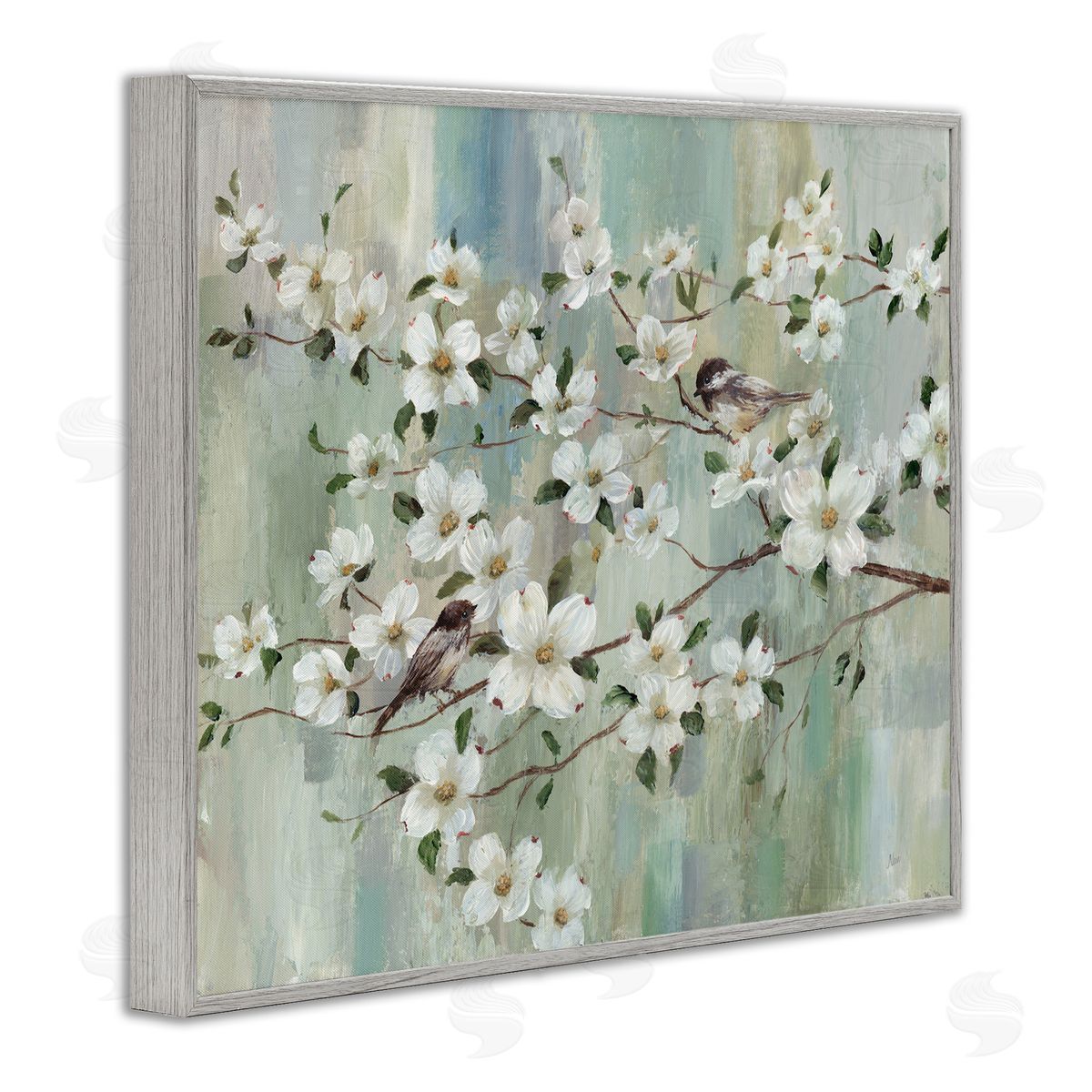 Nan Delicate Cherry Blossom Flowers Perched Birds Classic Painting Gray Framed Giclee Wall Art Print