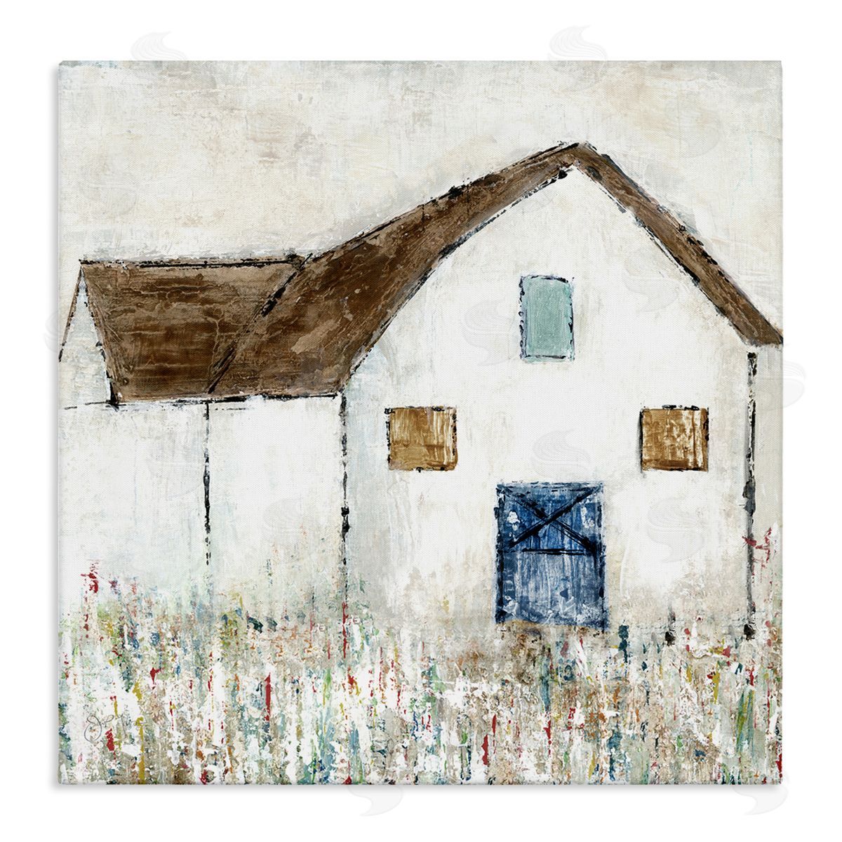 Tava Studios Rural White Barn Grassy Meadow Thick Brushstrokes  Stretched Canvas Wall Art Print