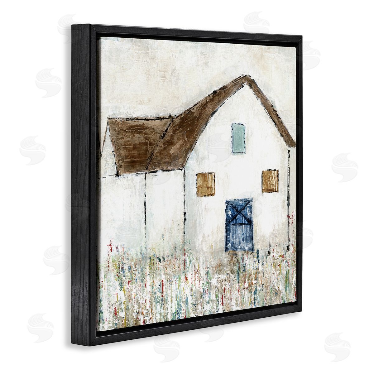 Tava Studios Rural White Barn Grassy Meadow Thick Brushstrokes  Black Floating Frame Canvas Wall Art Print