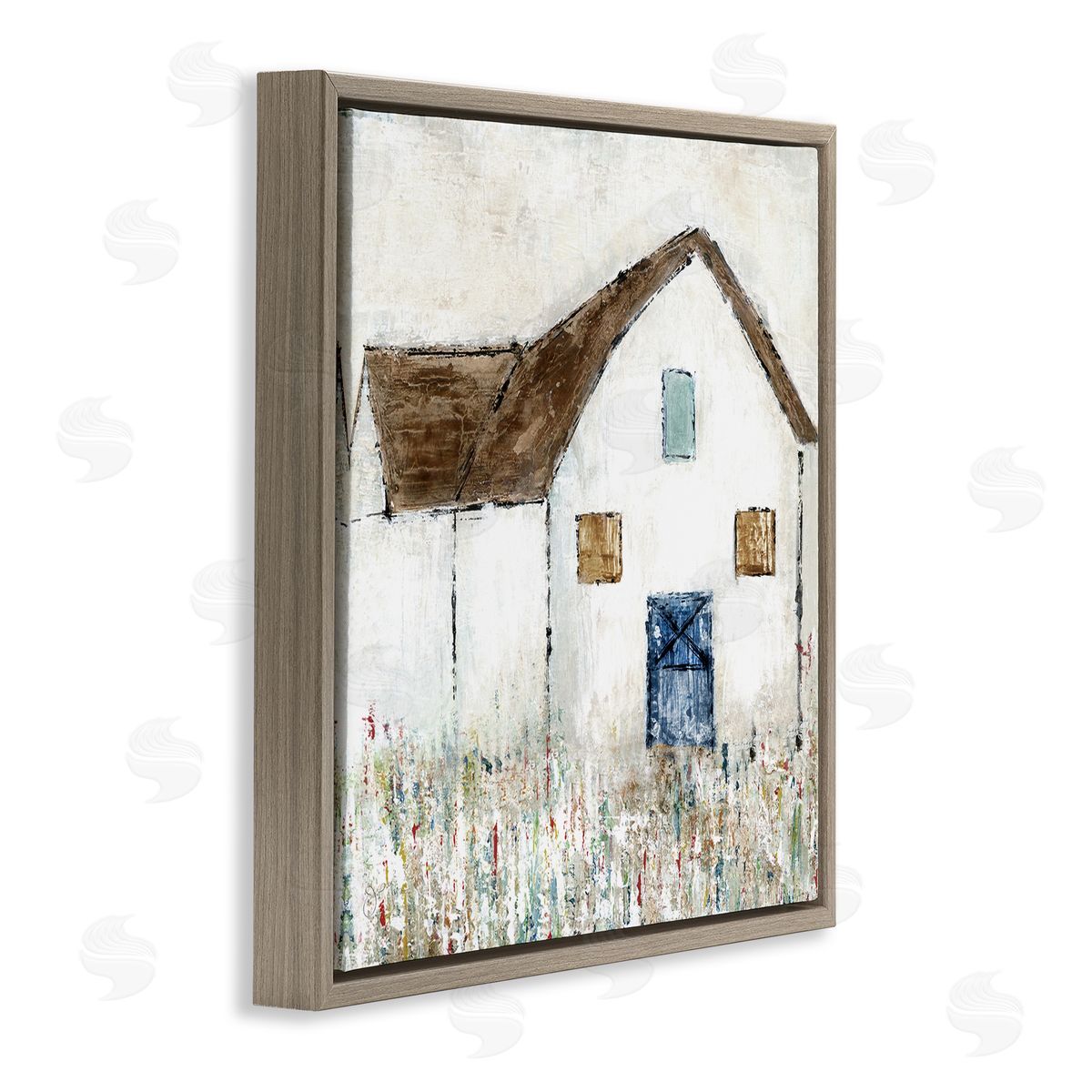 Tava Studios Rural White Barn Grassy Meadow Thick Brushstrokes  Brown Floating Frame Canvas Wall Art Print