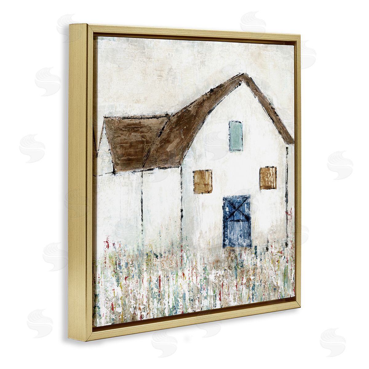Tava Studios Rural White Barn Grassy Meadow Thick Brushstrokes  Gold Floating Frame Canvas Wall Art Print