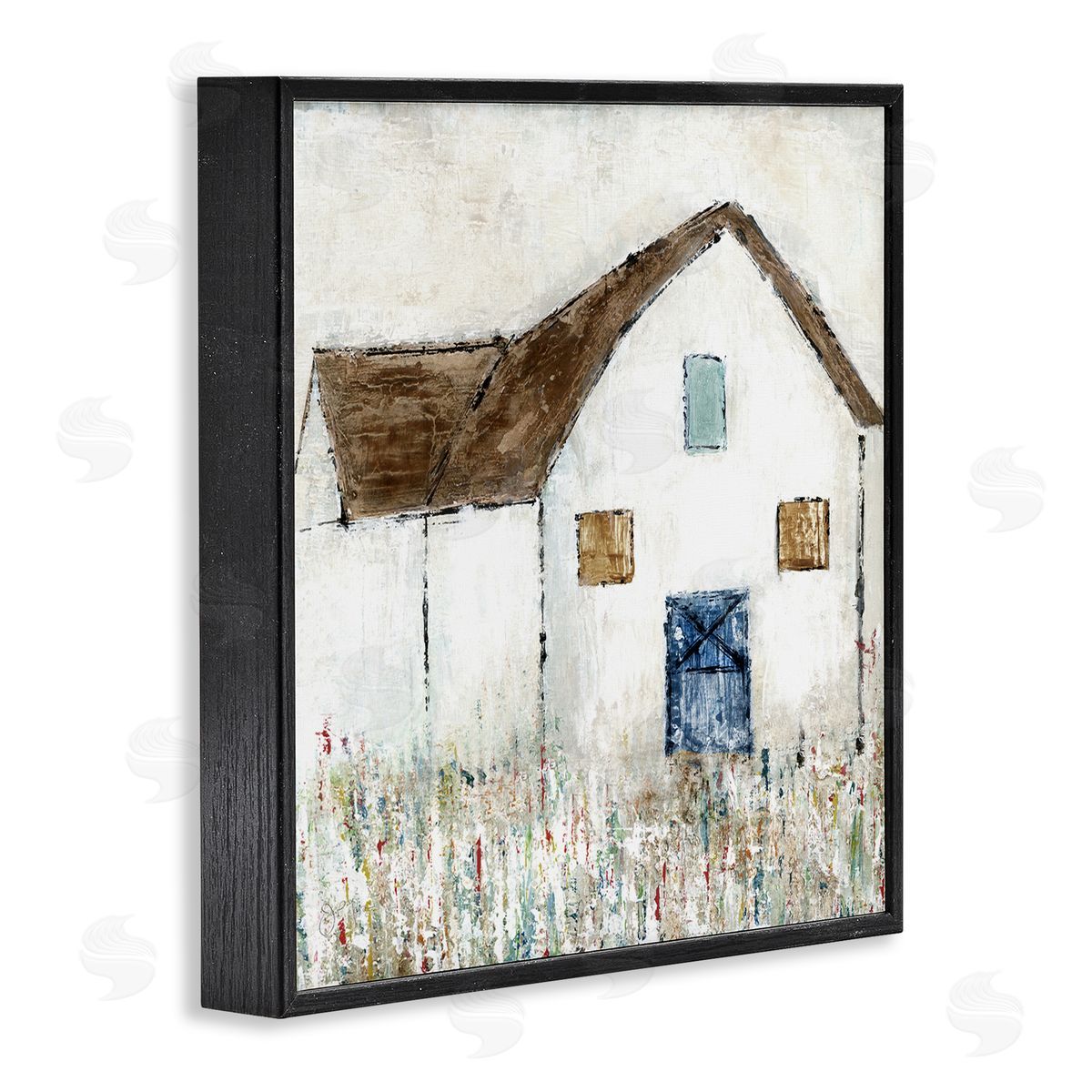 Tava Studios Rural White Barn Grassy Meadow Thick Brushstrokes  Black Framed Glicee Wall Art Print