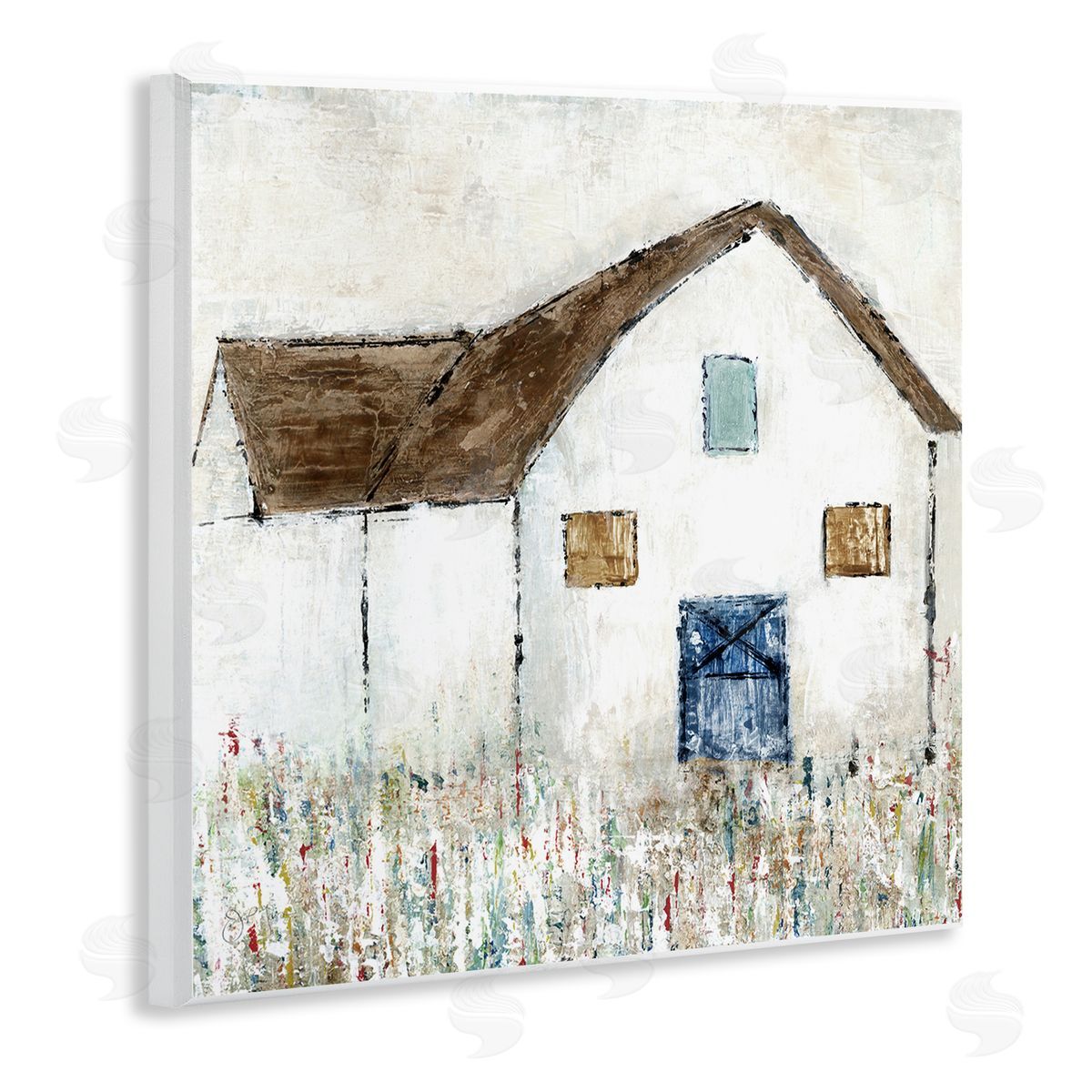 Tava Studios Rural White Barn Grassy Meadow Thick Brushstrokes  Wooden Wall Plaque Art Print